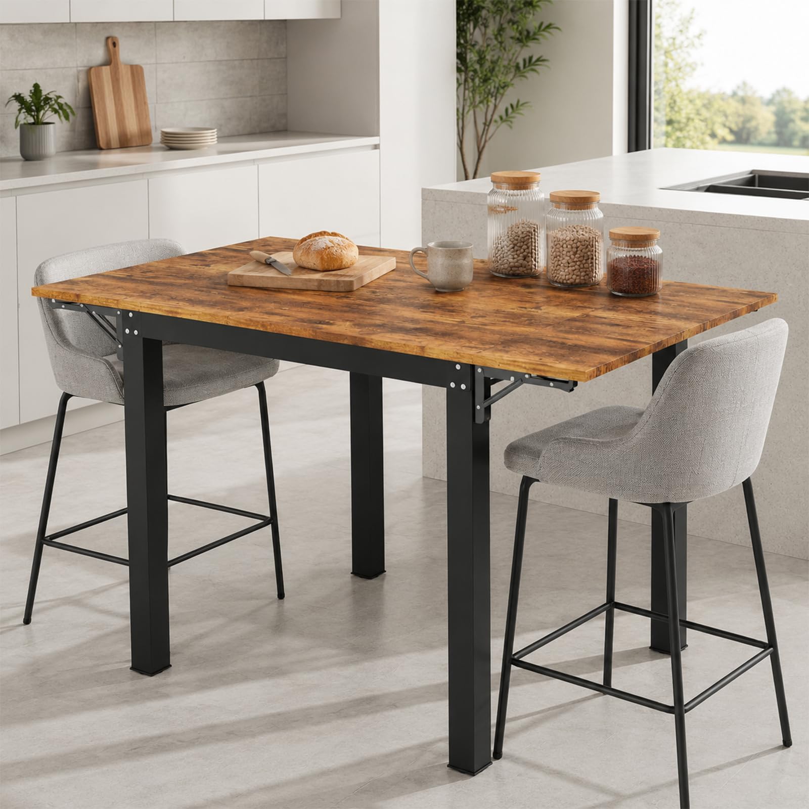 Składany stół drewniany, zajmujący mało miejsca stół kuchenny, mały z wzorem Drop-Leaf, stabilny stół do jadalni i kuchni, wytrzymały metalowy stelaż, łatwy montaż, 120 x 75 x 78 cm, ciemne