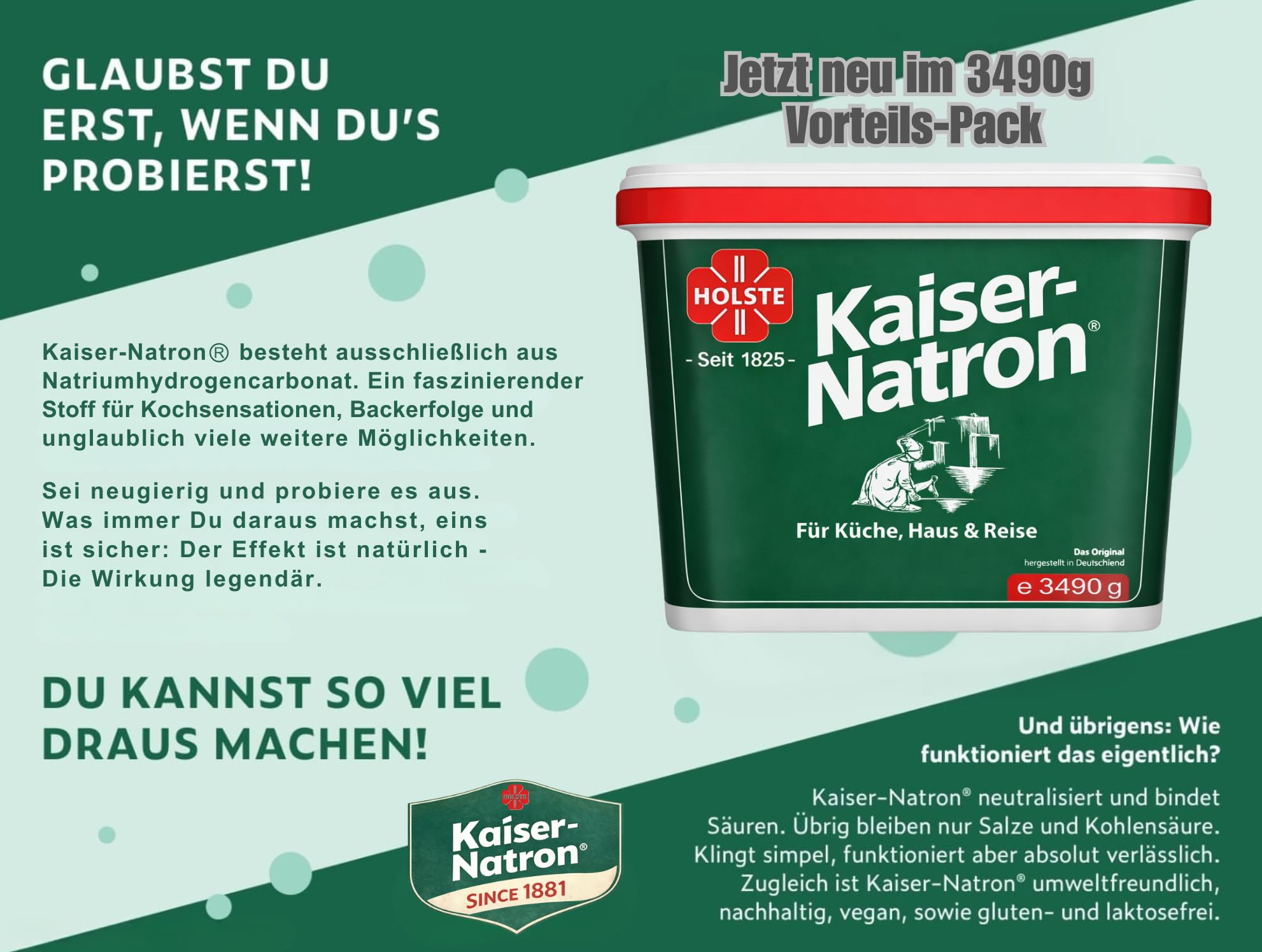 Kaiser Natron Das Original - Jetzt Neu - Im 3490g Vorteilspack - Wachen - Backen - Spülen - Gesundheit und noch vieles mehr - Seit 1825