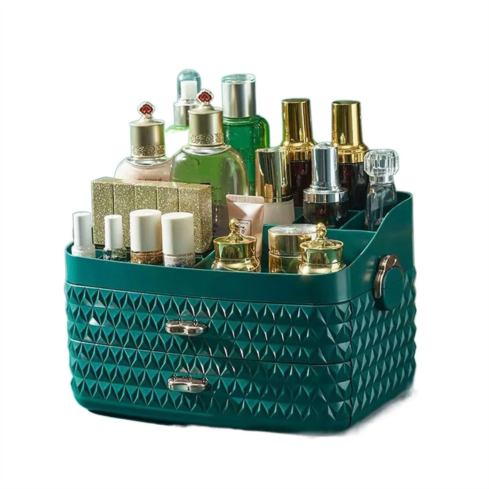 Skincare Organiser Makeup Organizer with 2 Drawers for Vanity, Multifunctional Cosmetics Organizers and Storage for Skincare, Brushes, Eyeshadow, Lotions, Lipstick, Nail Polish and Jewelry(Green)