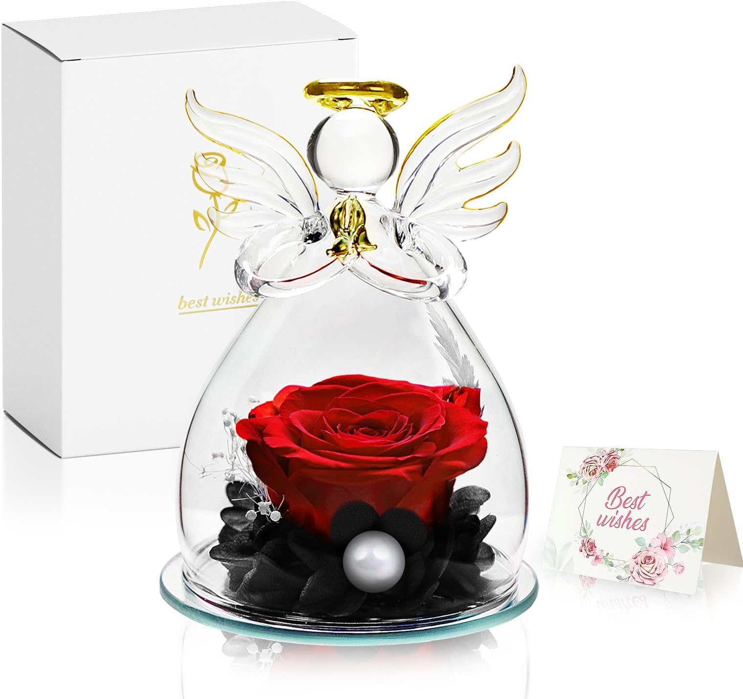 Preserved Flowers Gift in Glass Angel Figurines, Forever Rose Gifts for Mom, Women, Grandma, Wife, Girlfriend, Rose Angel Gifts for Mother’s Day, Birthday, Valentines, Christmas. (Red Roses)