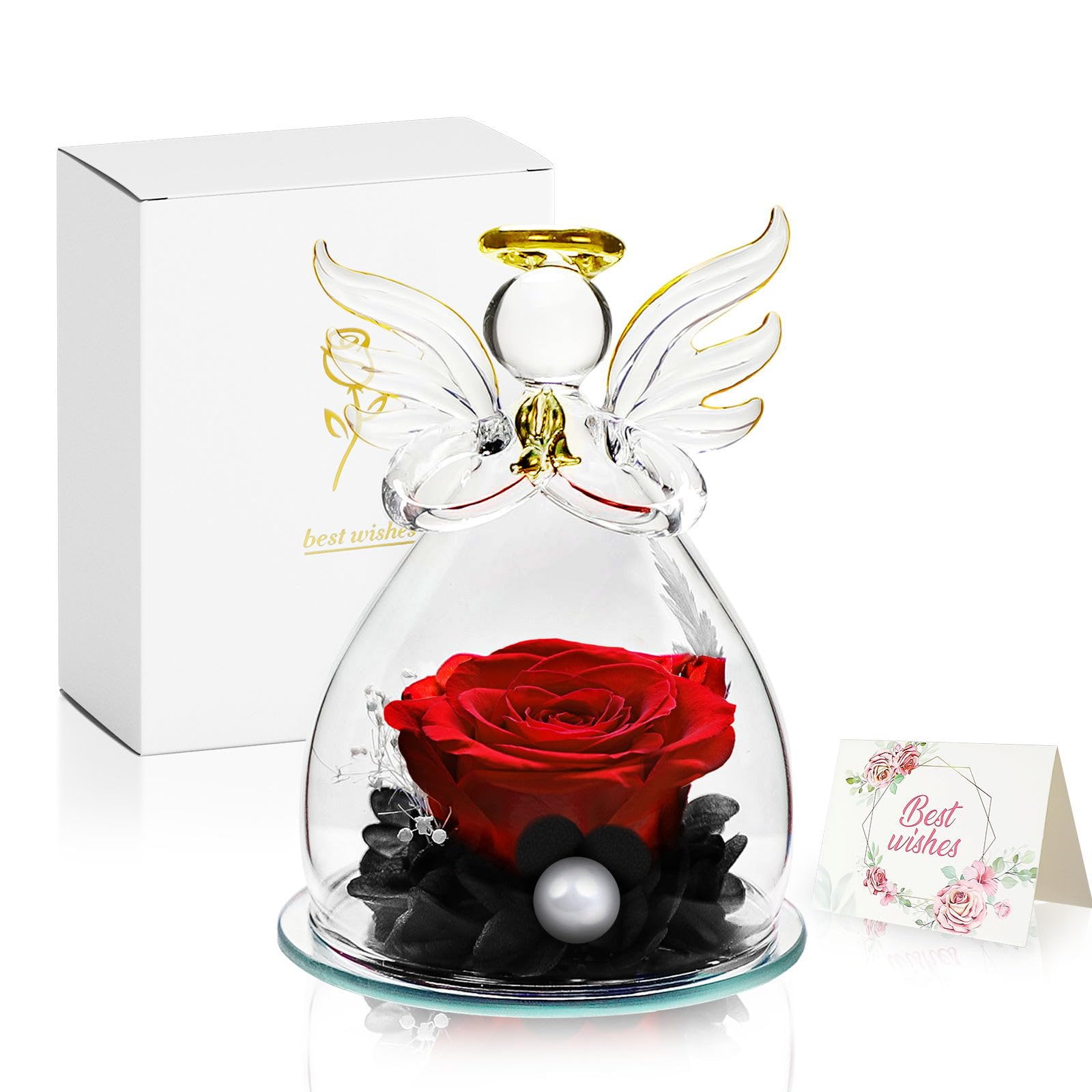 Preserved Flowers Gift in Glass Angel Figurines, Forever Rose Gifts for Mom, Women, Grandma, Wife, Girlfriend, Rose Angel Gifts for Mother’s Day, Birthday, Valentines, Christmas. (Red Roses)