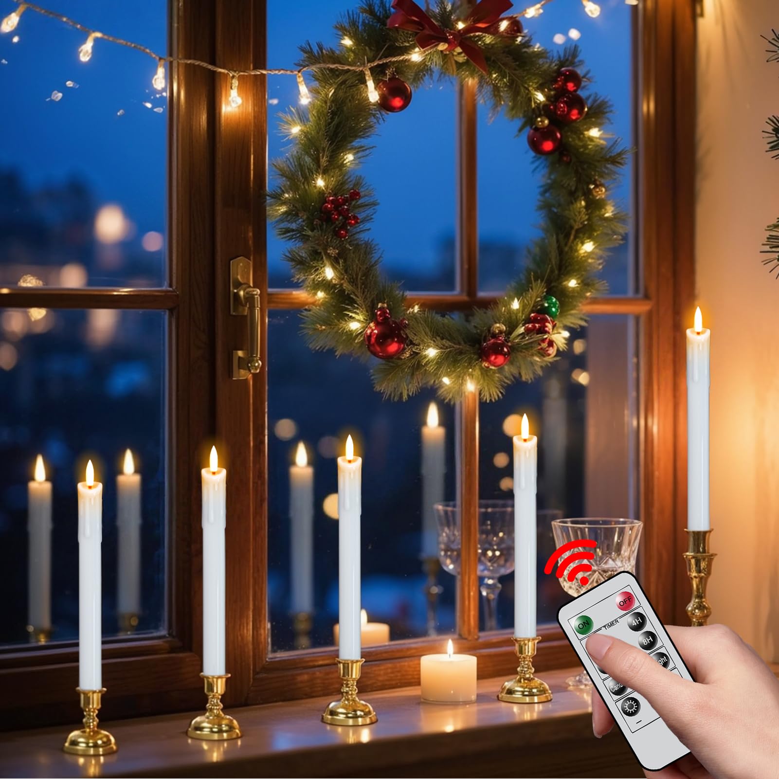Velas cónicas sin llama parpadeantes con control remoto y temporizador, funciona con pilas, vela cónica LED de cera real, mecha 3D, cena, boda, Navidad, vacaciones, decoración interior