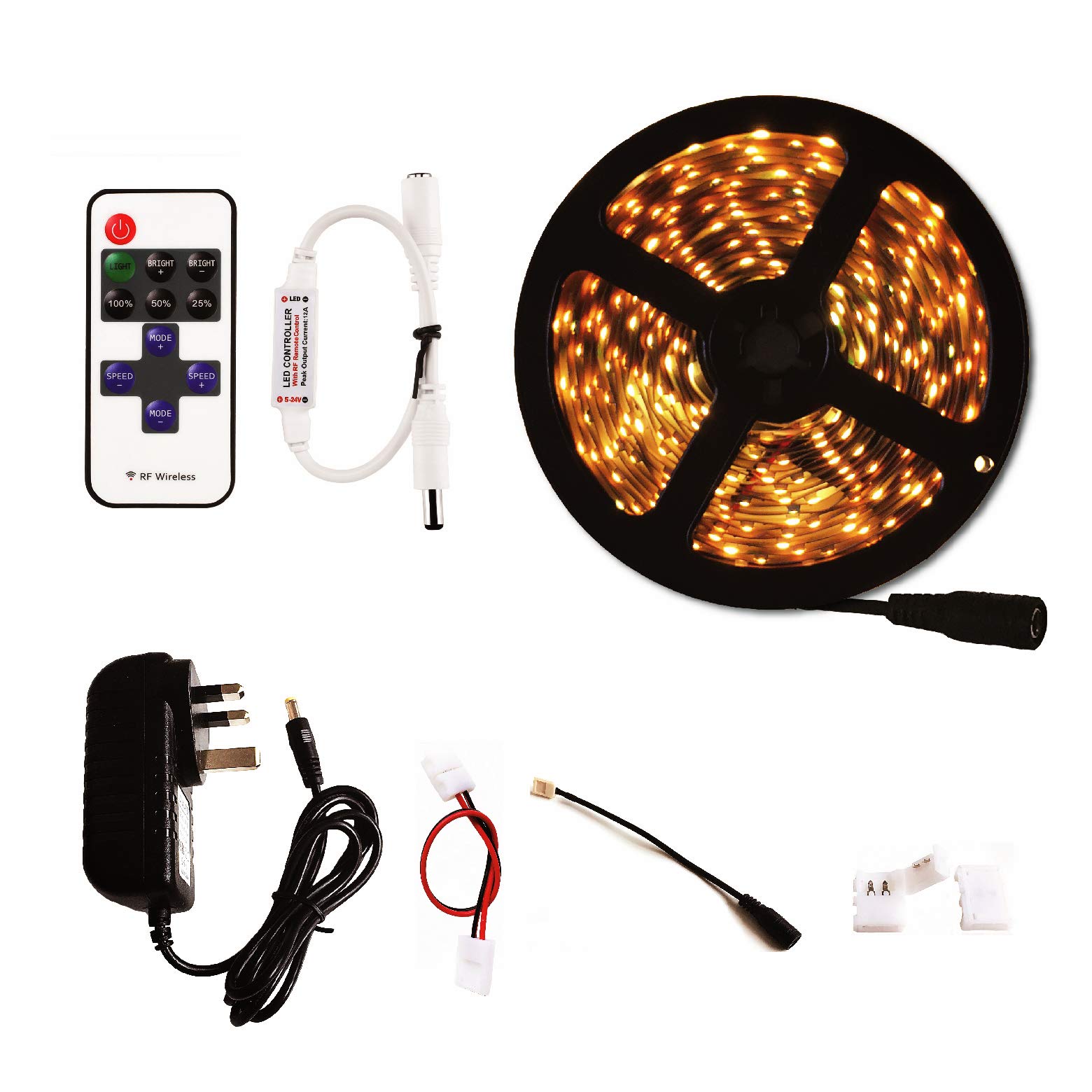 LED Strip Light 5M 300leds Warm White 3000K 3528 Led Strip Tape Lights Full Kit with RF Remote Dimmer & 2A Power Supply for Home Lighting, Indoor Decoration