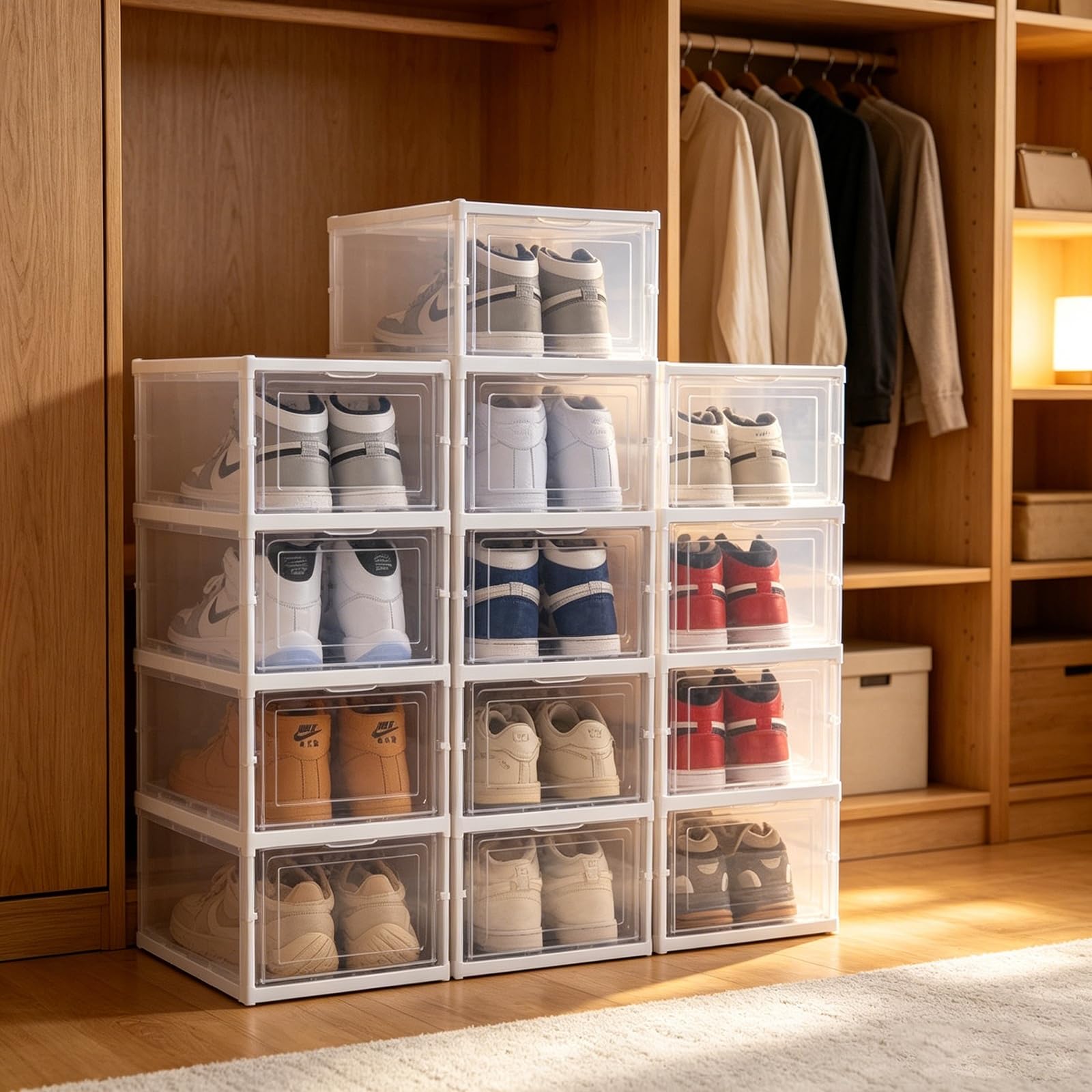 TYNGBT Entryway Foldable Clear Shoe Box, Space-Saving Stackable Shoe Organizer for Bedroom Dorm