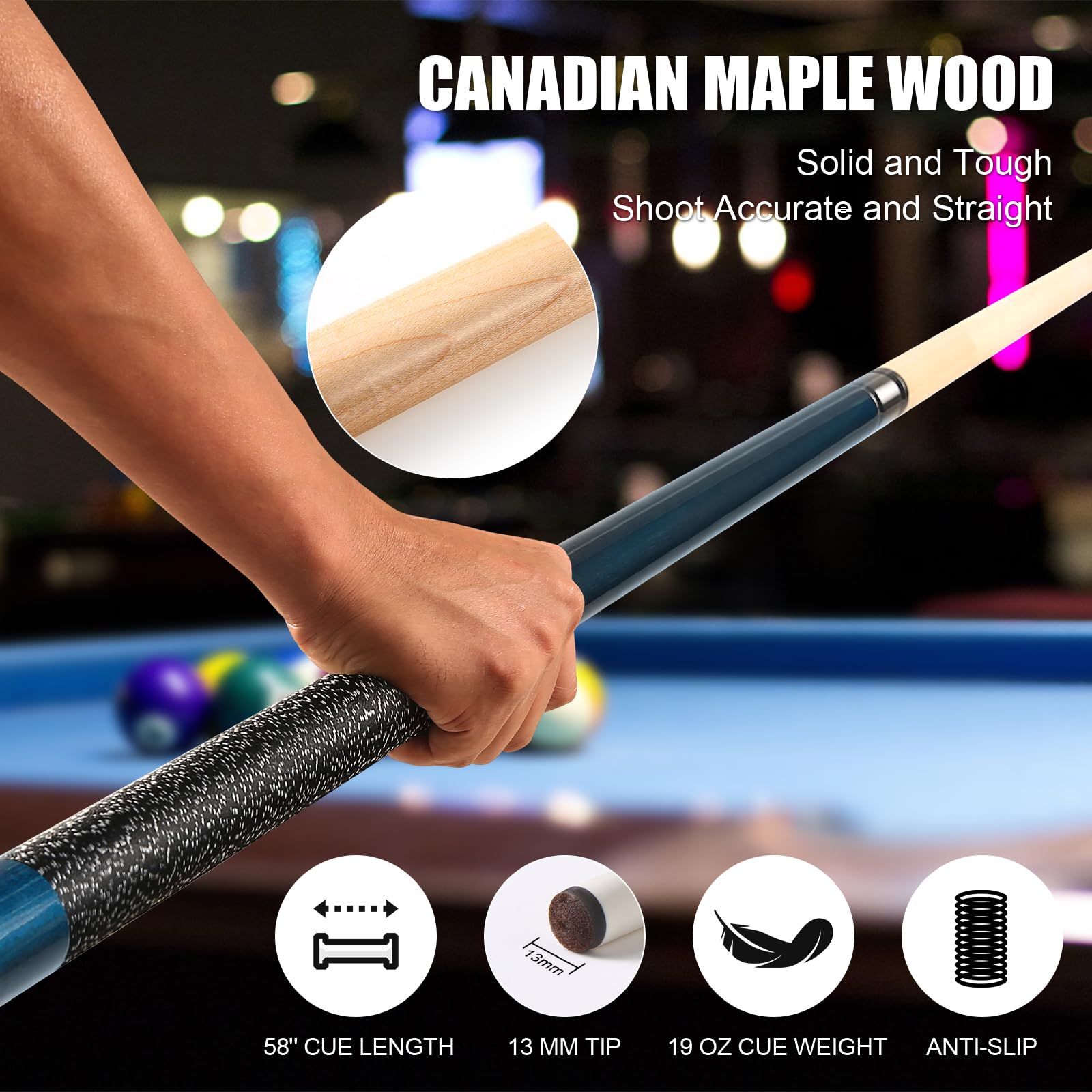 Pool Queue, 58 Zoll Billard Queue Kanadischer Ahornholz Pool Cue 13mm Spitzen für Professionelle Billardspieler, 1/2 Maple Queue Sticks für Billard Tisch Sport