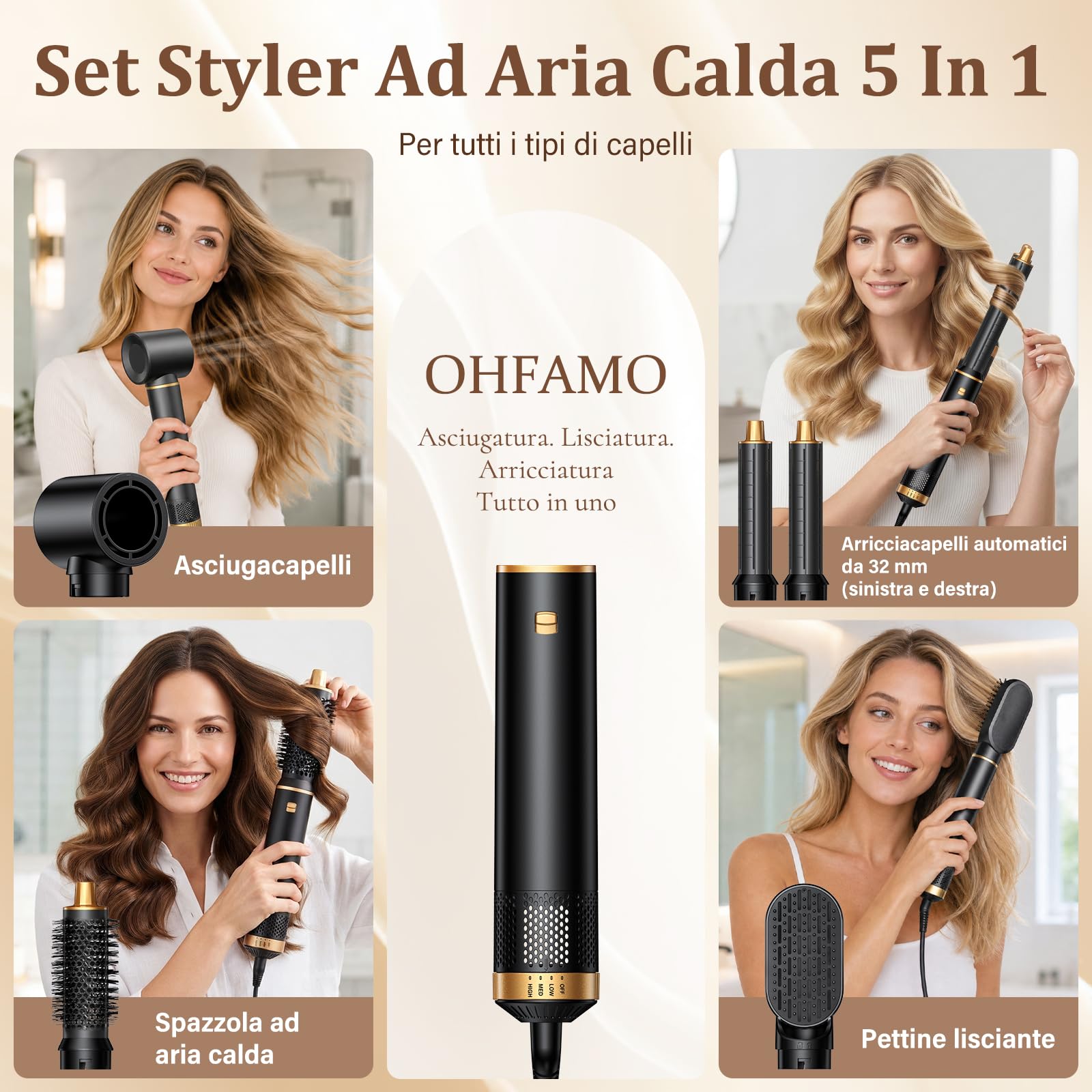 5 in 1 Air Styler, Asciugacapelli Ionico, Spazzola Asciugacapelli, Arricciacapelli Automatico, Spazzola Lisciante per Ricci, Volume e Look Lisci a Casa, Ogni Giorno e in Viaggio | Styling per capelli