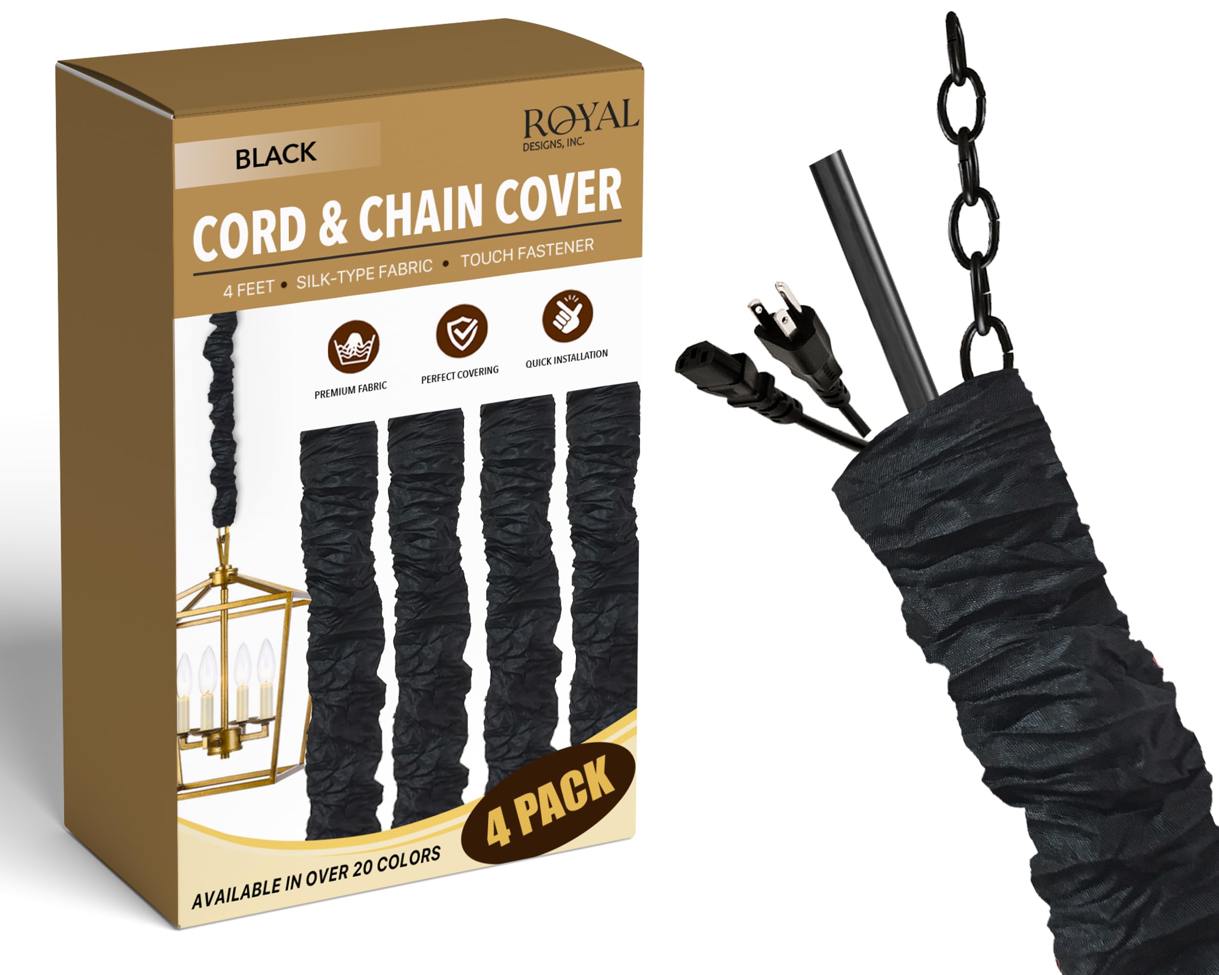 Royal Designs, Inc. Cord &amp; Chain Cover 4 ft Silk Type Fabric, Chandelier Pendant Lighting Chain &amp; Cable Management, Touch Fastener, Black - 4 Pack