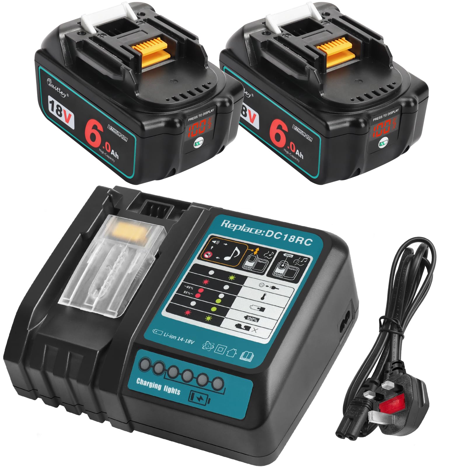 2PCS 18V 6Ah BL1860B Replacement for Makita 18V Battery + 3A DC-18RC Charger Compatible with MK Battery 14.4V-18V BL1830 BL1830B BL1840 BL1840B BL1850 BL1860 BL1845 and DC18RD DC18SF DC18RF Charger