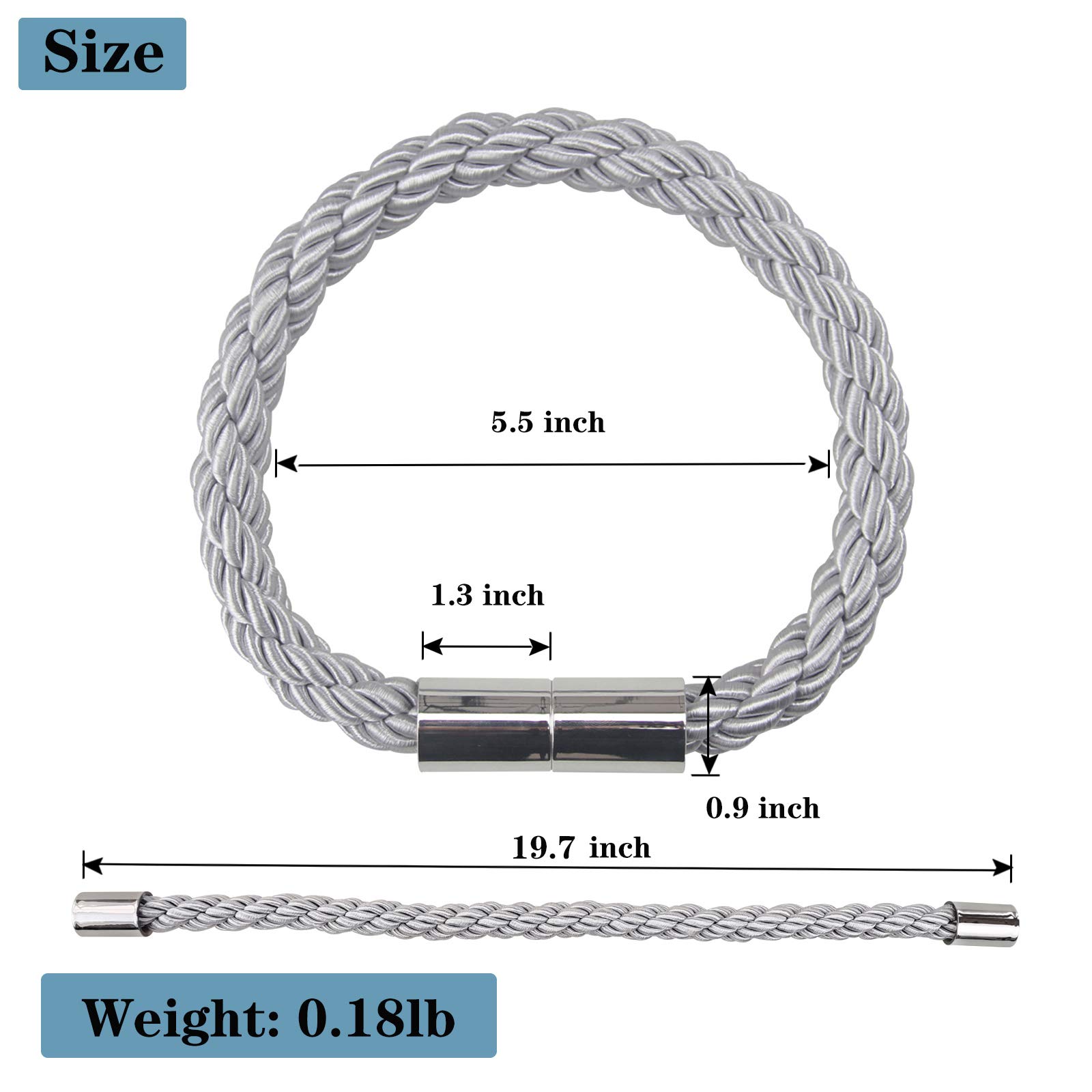 Lot de 6 embrasses de rideaux magnétiques solides - Gris - 50 cm - Attaches pratiques pour rideaux fins ou épais avec crochets en métal - Légèrement lourdes