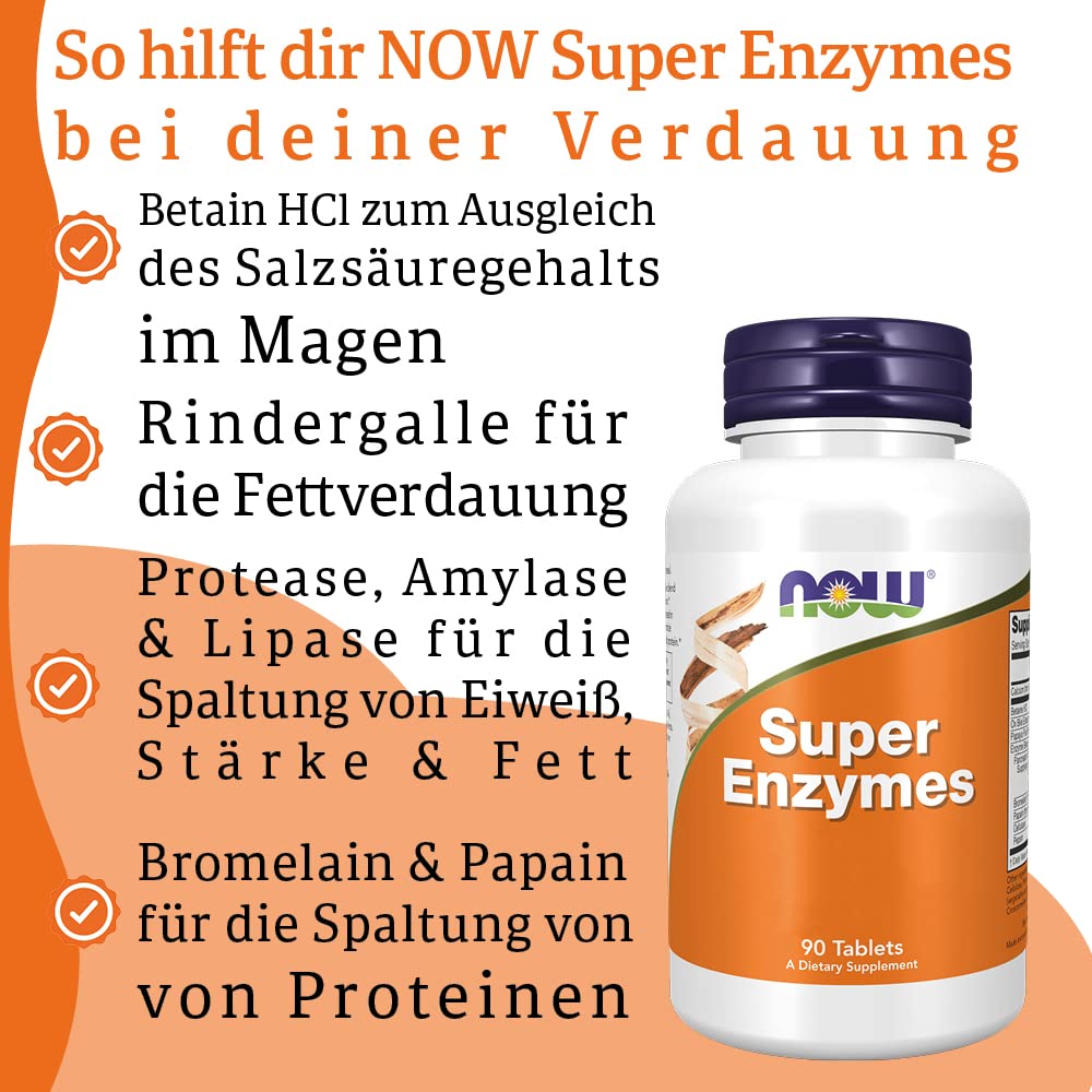 Now Foods, Super Enzyme, 90 Tabletten, Laborgeprüft, Hochdosiert, Calcium, Glutenfrei, Sojafrei, Ohne Gentechnik