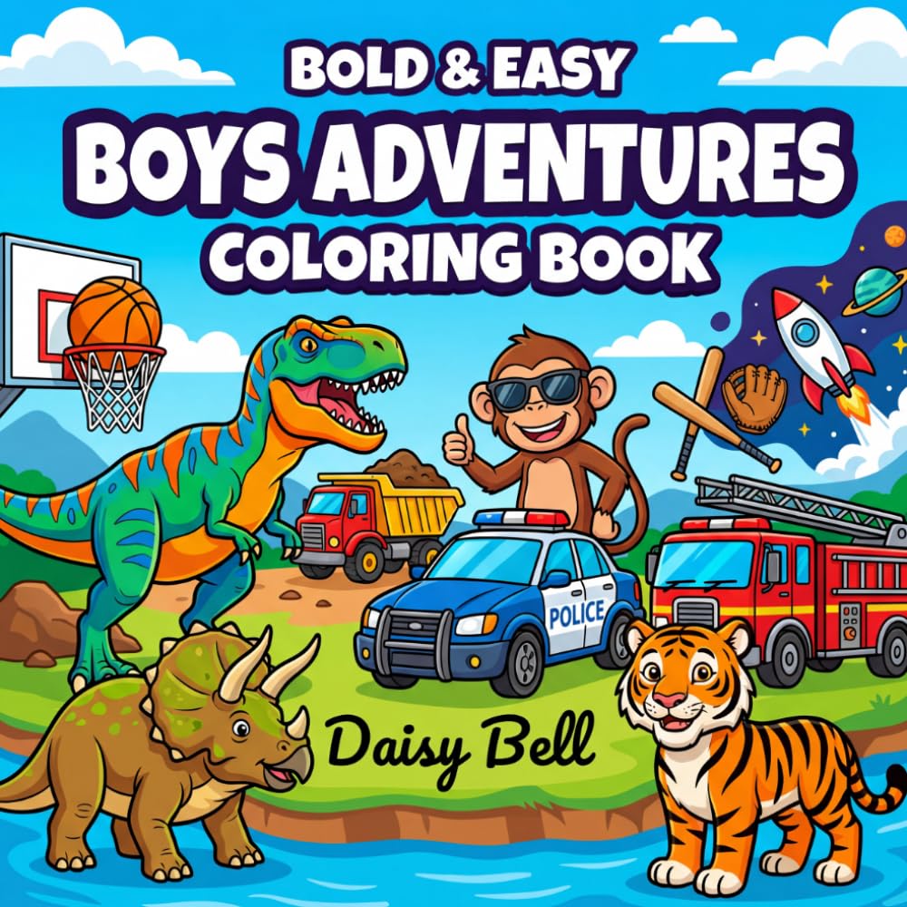 Boys Adventures: Bold and Easy Coloring Book for Boys Featuring Big Dinosaurs Fast Cars Fun Robots and Space Explorers