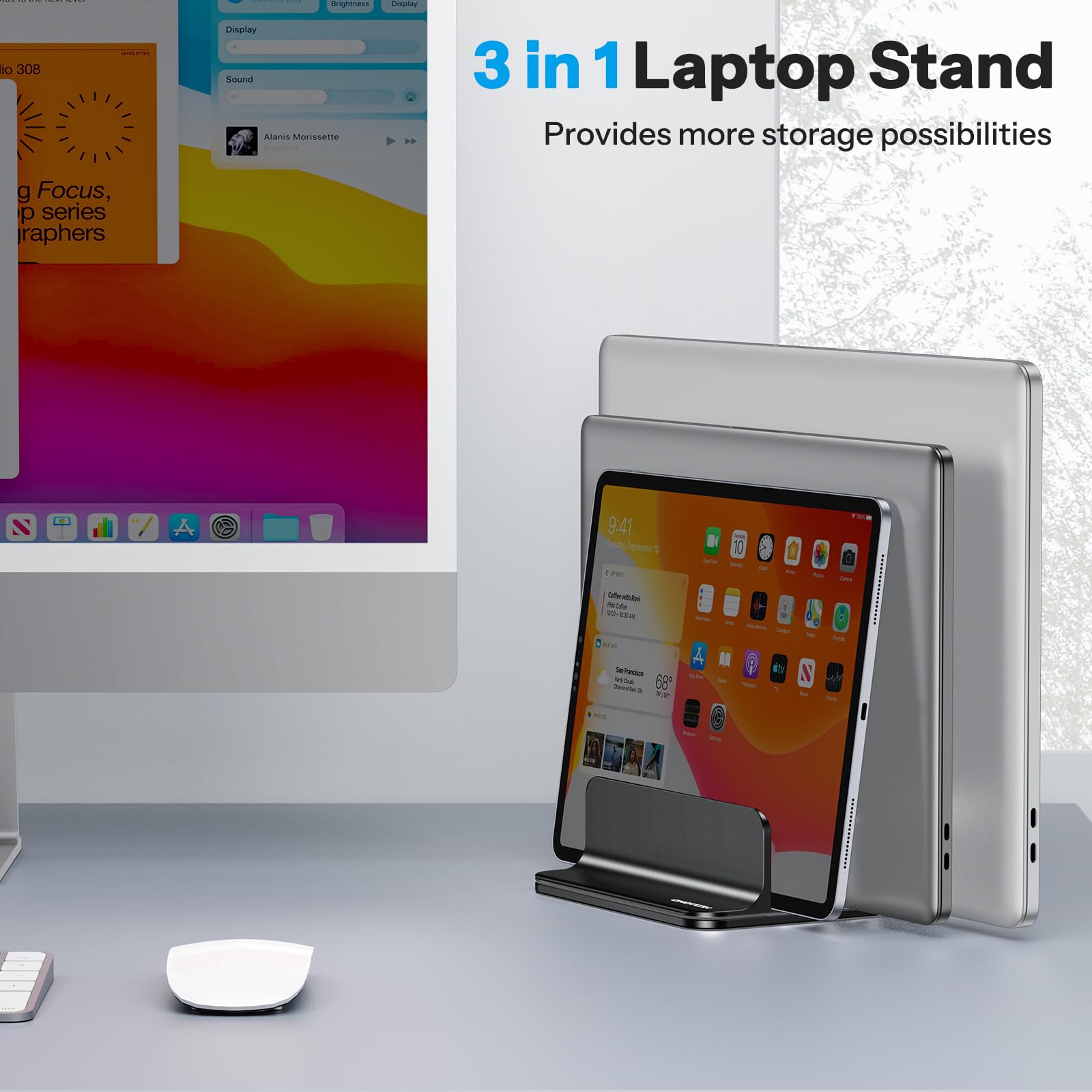 OMOTON Soporte vertical para laptop de 3 ranuras, soporte de aluminio de escritorio para MacBook con tamaño de base ajustable, se adapta a todos los MacBook, Surface, Chromebook y portátiles de juegos