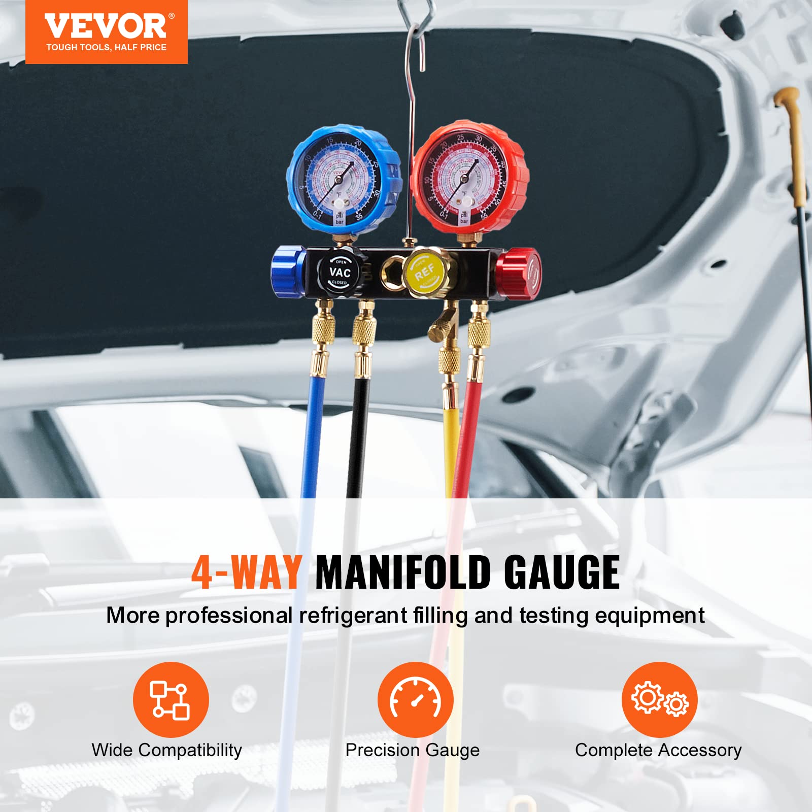VEVOR Set di Manometro del Refrigeranti a 4 Vie per R134A R410A R22 dell'Aria Condizionata Uso Automobilistico, Set Indicatore del Collettore AC 3 Adattatori per Refrigeranti con Valigetta 31x30x8,5cm