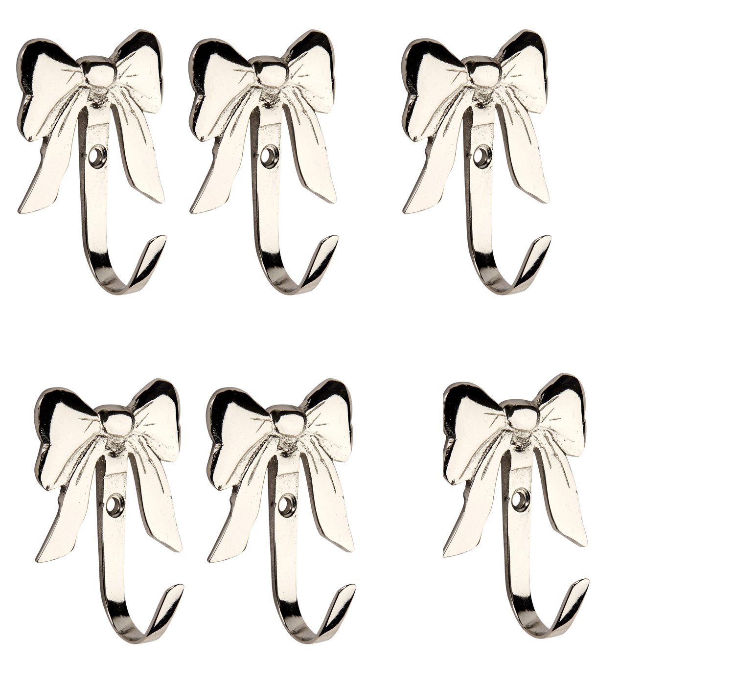 HOBKNOBS (Set of 6 Small Bow Nickel Plated Multipurpose Wall/Wooden Mounted Hook Hanger - Silver.