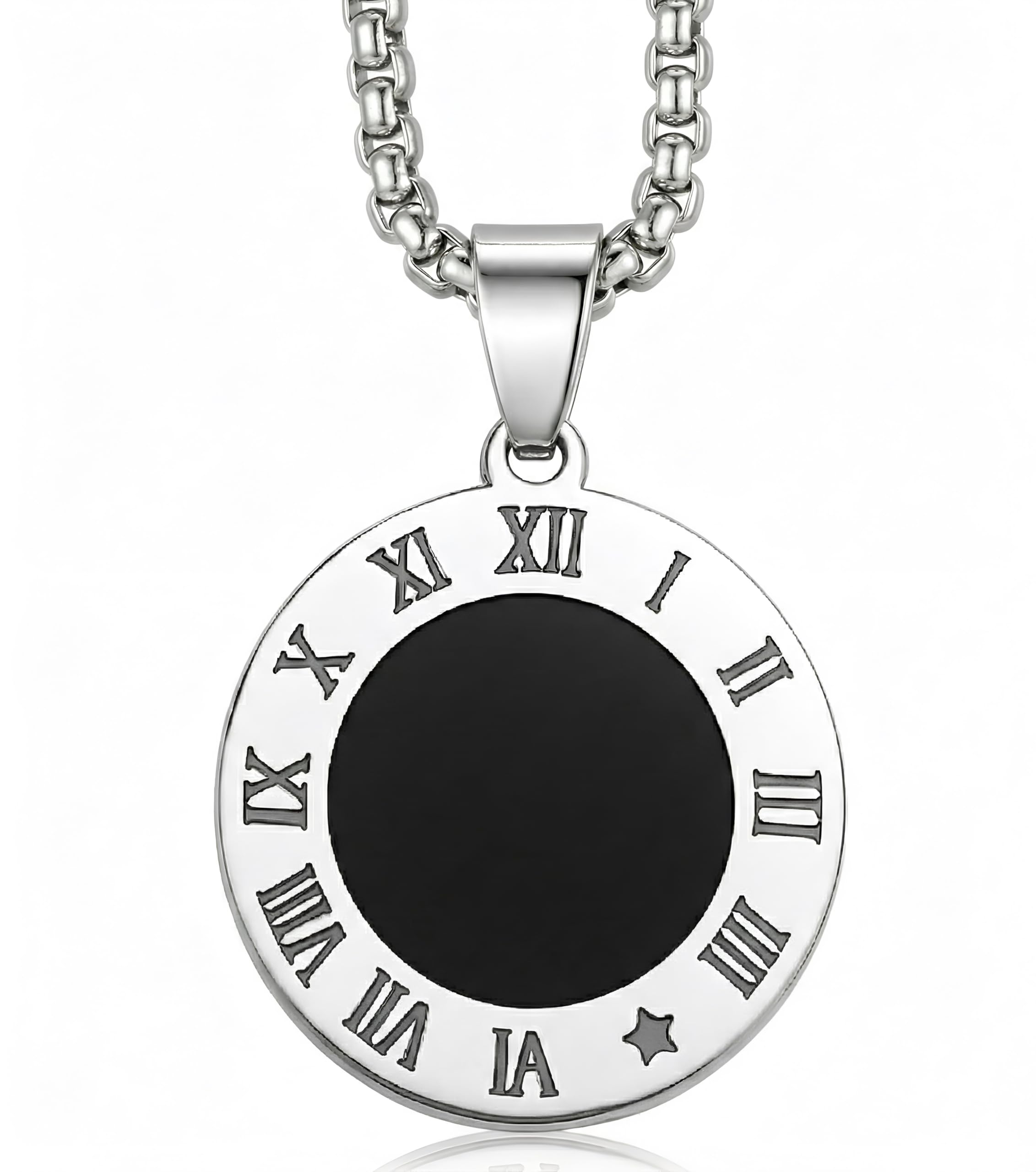 Stainless Steel Roman Numeral Pendant for Men & Women | Black Enamel Round Locket with Box Chain | Trendy Jewellery | Anniversary Gift For Husband & Wife-image-46