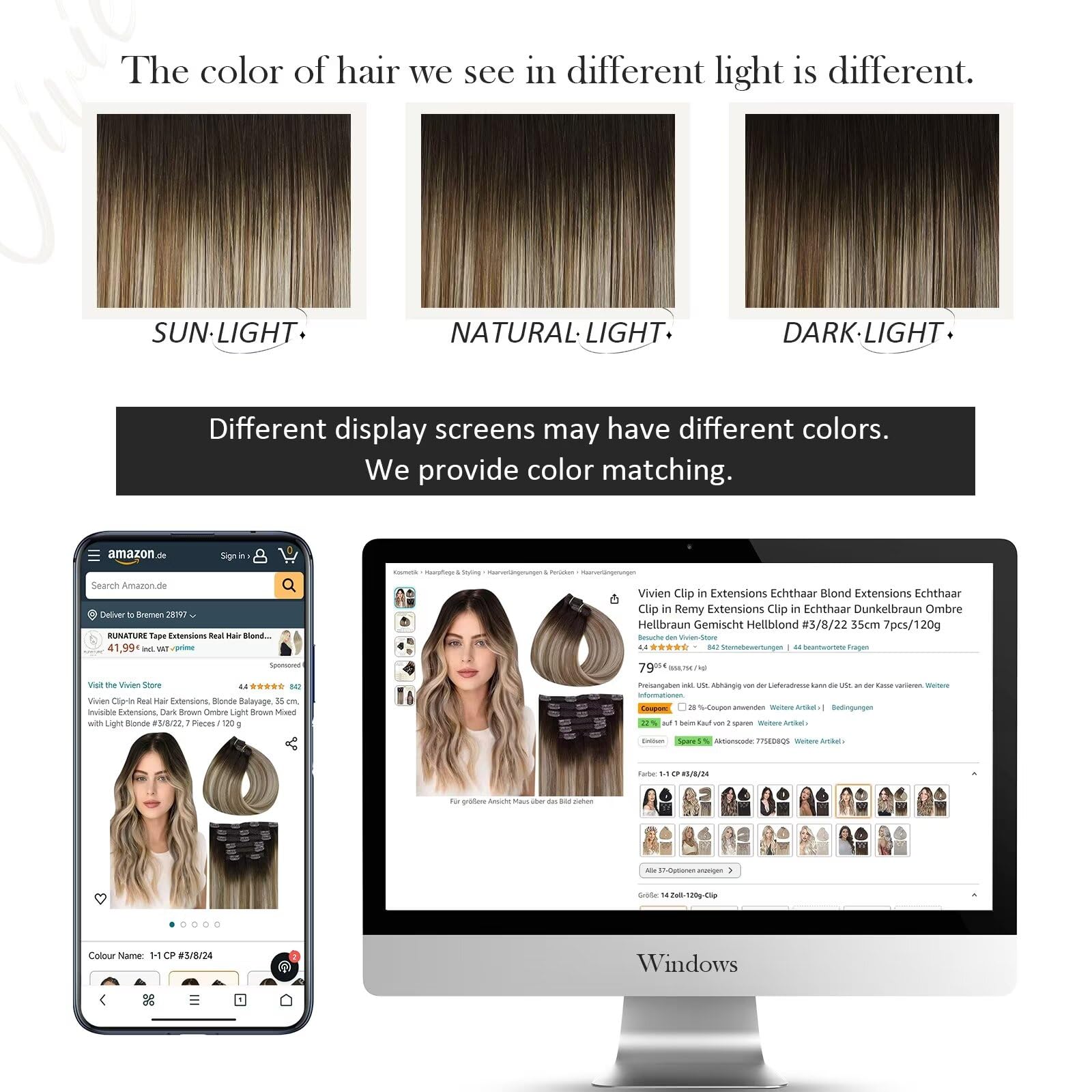 Vivien Human Hair Extensions Clip in Brown Balayage 24 Inch Invisible Clip in Extensions Natural Hair Brown Ombre Light Blonde for Women Long 7Pcs 135g #3/8/24 - Image 4