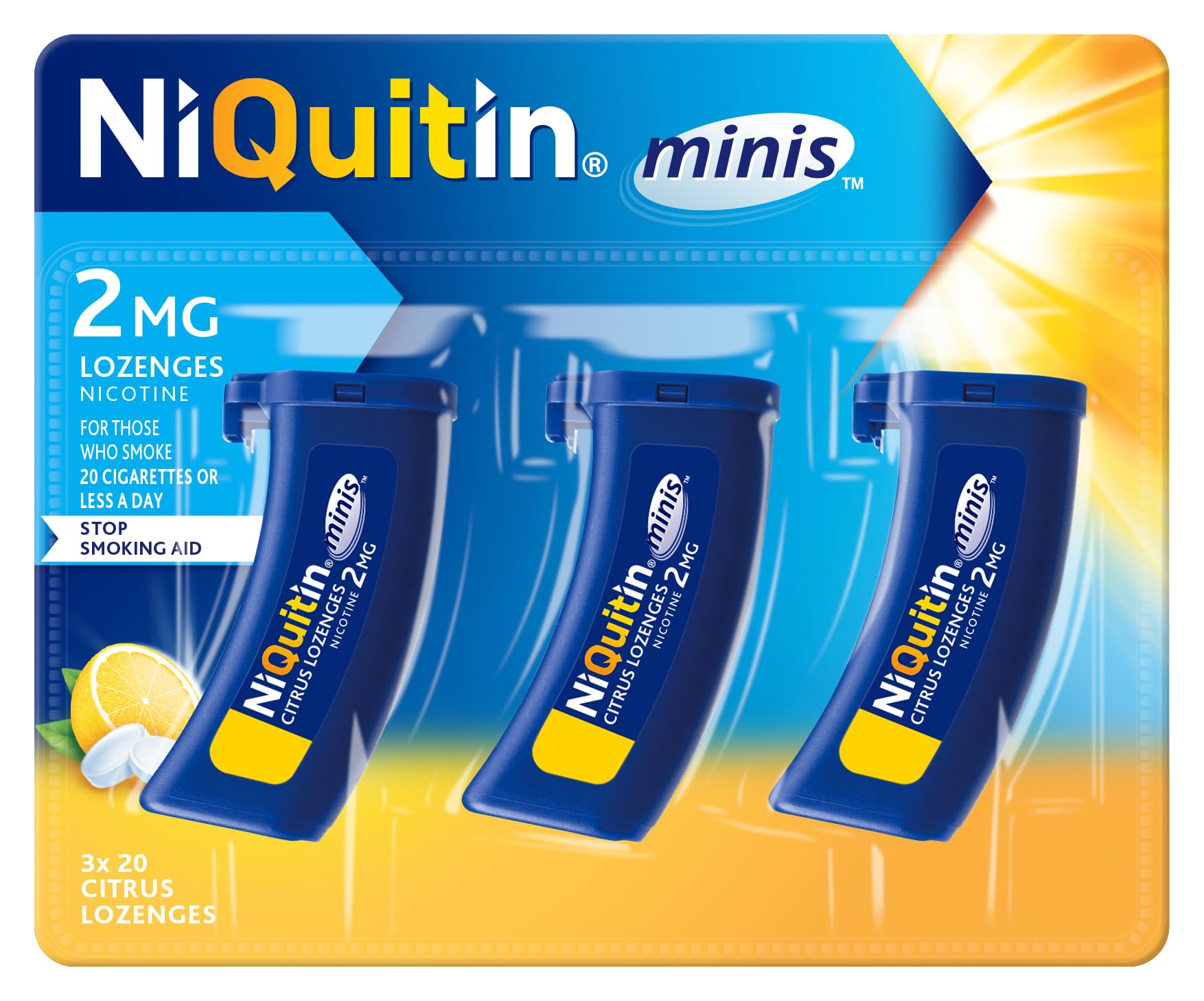 Niquitin 2Mg Minis Citrus Lozenges - Citrus Flavour (3 X Pack Of 20 Minis Nicotine Lozenges) - Smoking Craving Relief In Just 3 Minutes* - On The Go