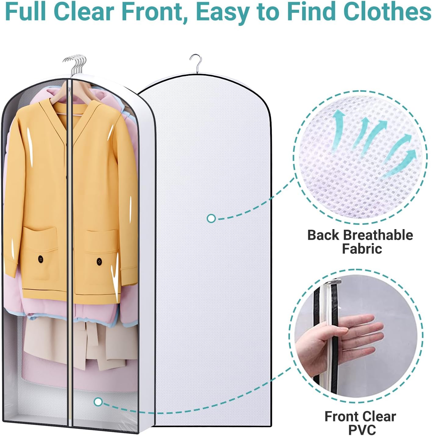 SLEEPING LAMB 60" Long Hanging Garment Bags for Closet Storage Gusseted Clear Dress Bag for Clothes, Gowns, Coats, Suits, 5 Packs