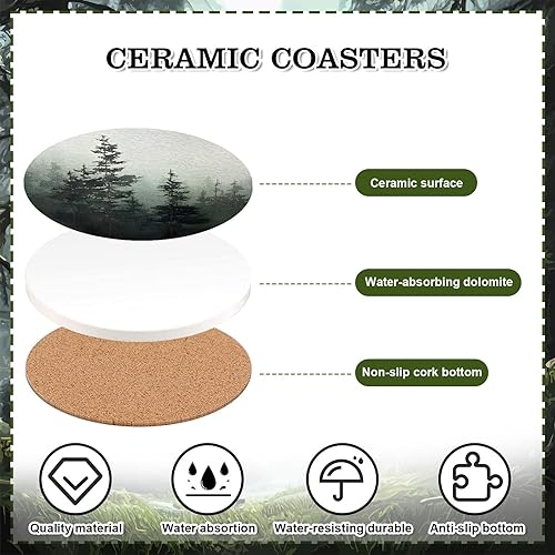 Miniatura 3 de Whaline 6 posavasos de bosque con soporte, posavasos de cerámica de bosque brumoso para bebidas, tapete redondo absorbente, protección de mesa para