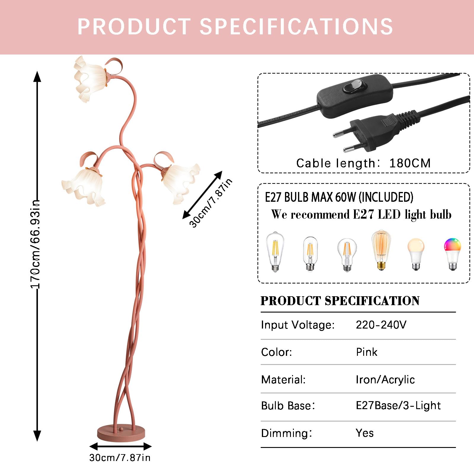 Blumen Stehlampe Wohnzimmer,Schwanenhals DIY Bogenlampe Standleuchte mit 3-Köpfe Rose,Spirale Stehlampe Dimmbar Leselampe Studie,Vintage Standing Floor Lamp für Schlafzimmer,BüRo,170Cm,Rosa