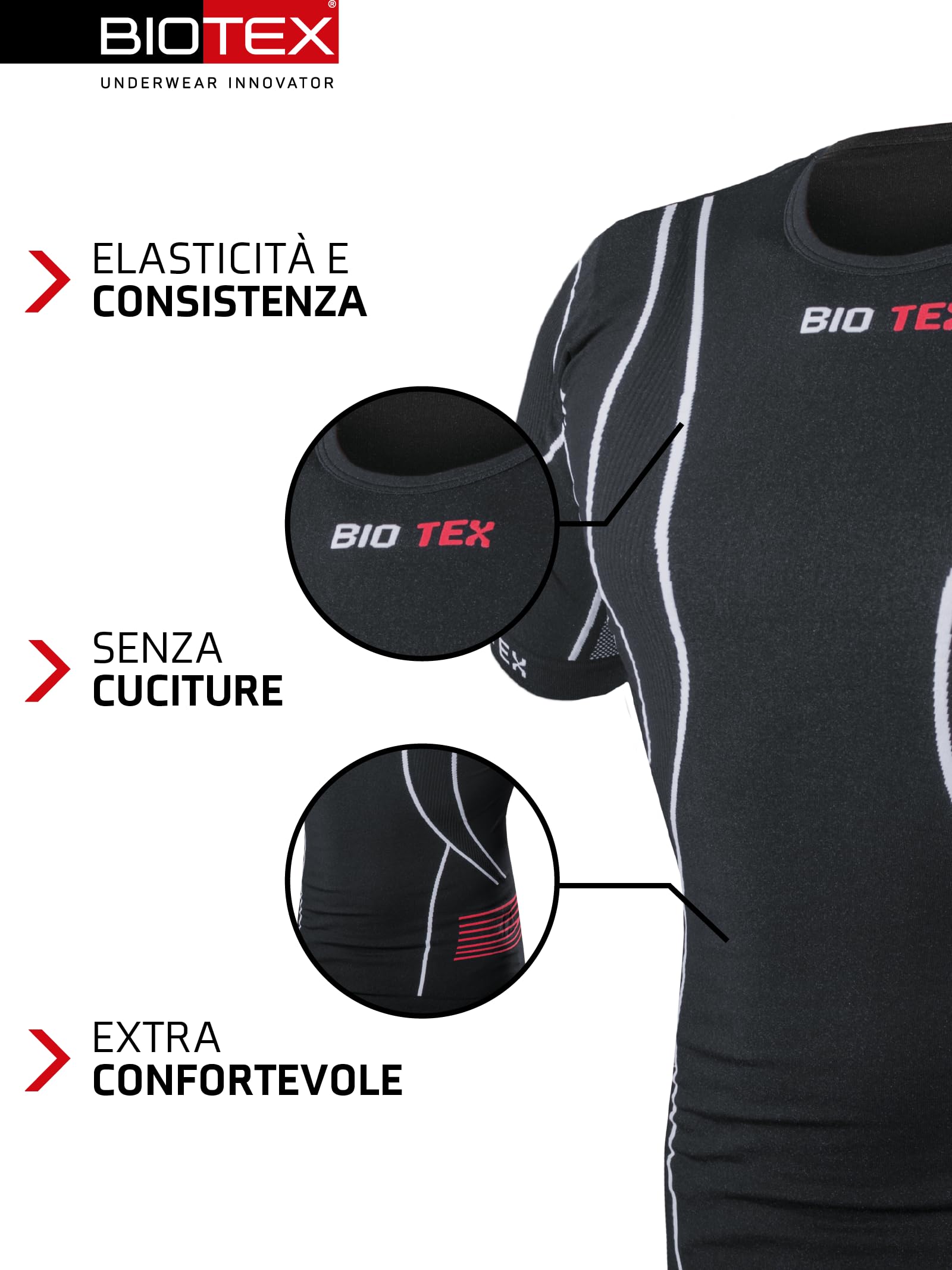 BIOTEX T-Shirt Hightech per Ciclismo e Running, Intimo Tecnico Sportivo, Maglia Termica con 4 Zone di Compressione, Nero