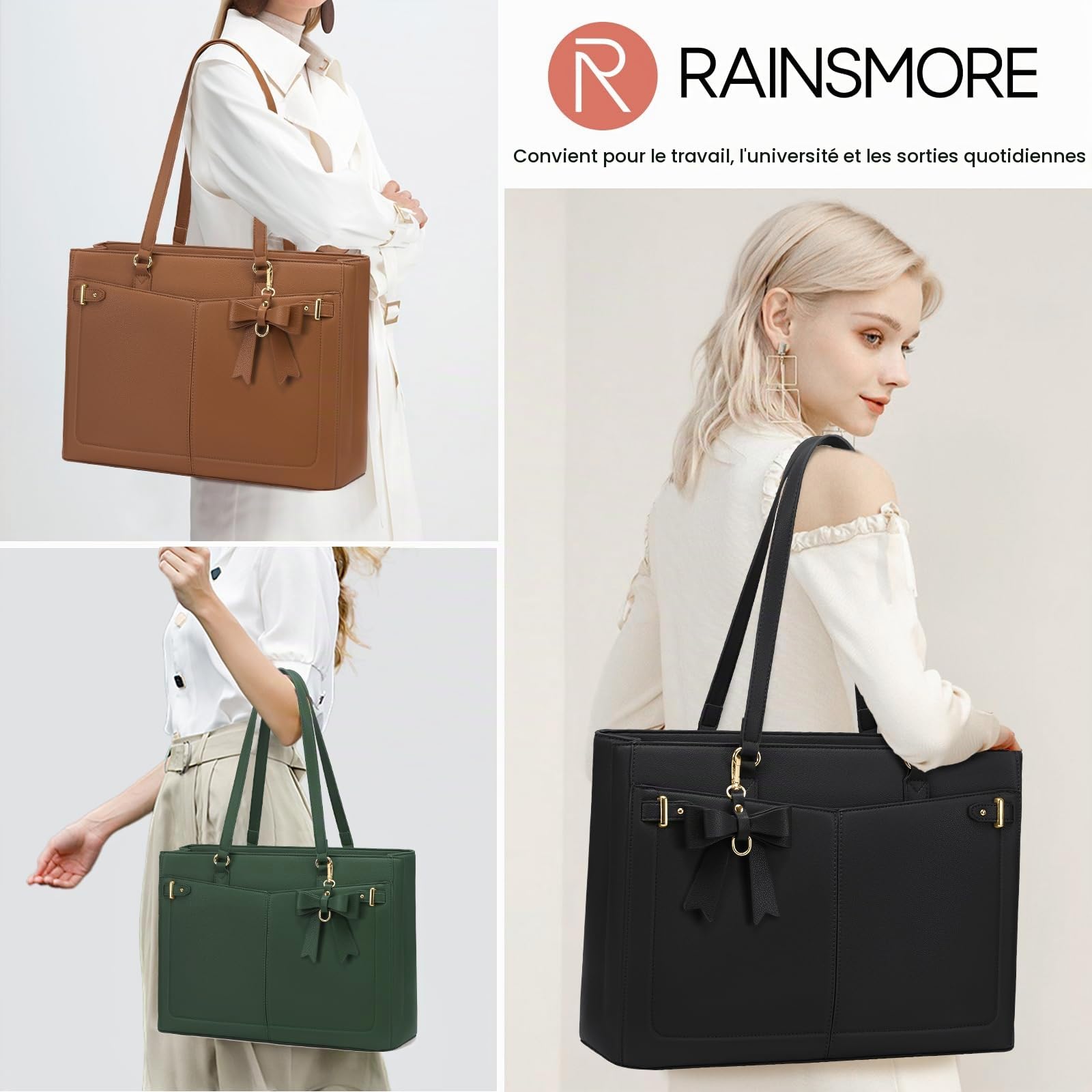 RAINSMORE Sac Cabas Femme Ordinateur 15,6" PU Cuir Travail Bureau