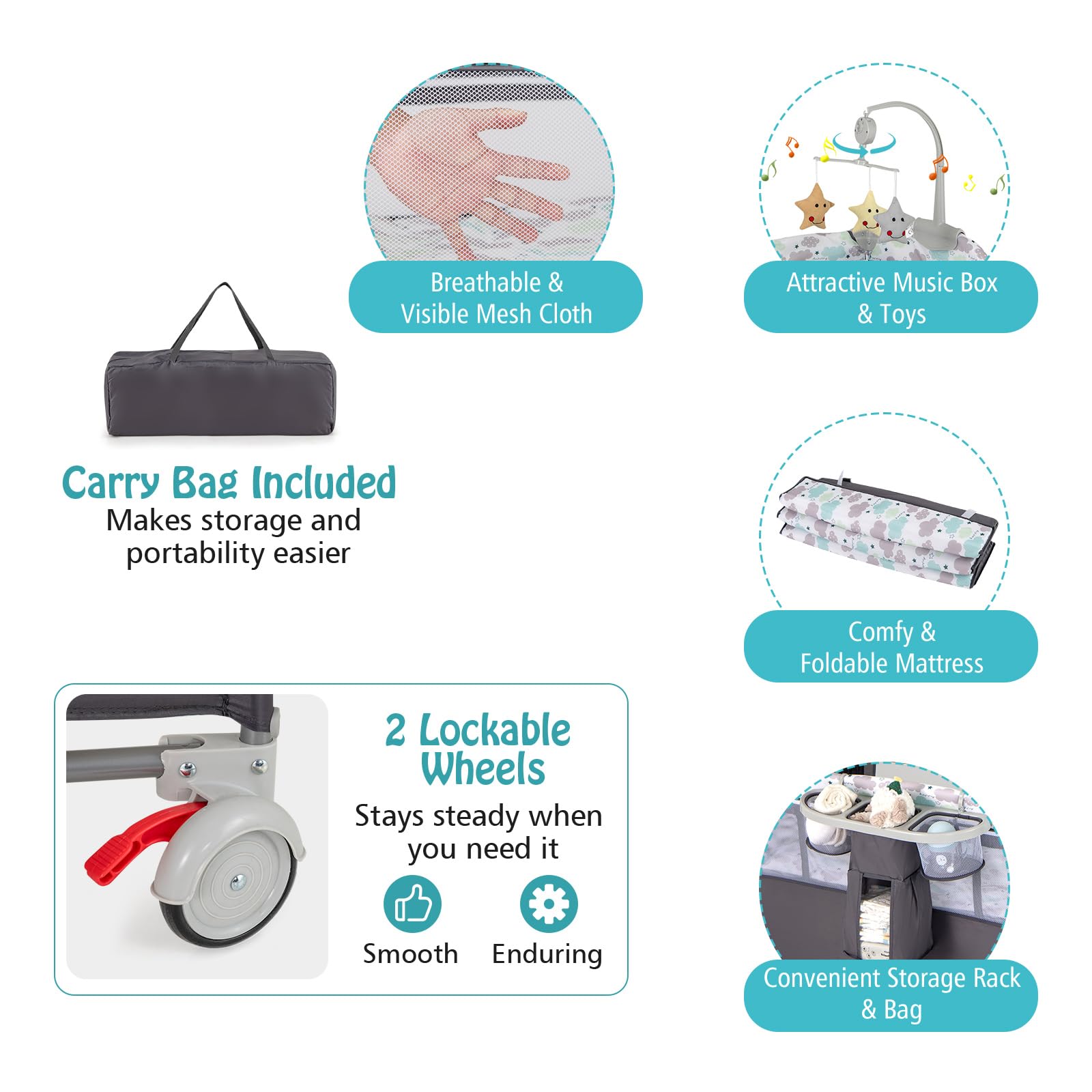 LIFEZEAL Lettino da Campeggio, Lettino per Bambini 0-3 Anni, Culla da Viaggio, Box, Co-sleeping, con Materasso, Fasciatoio, Giostrina, Ruote, Borsa, Pieghevole, Portatile, 125x65x119 cm (grigio)