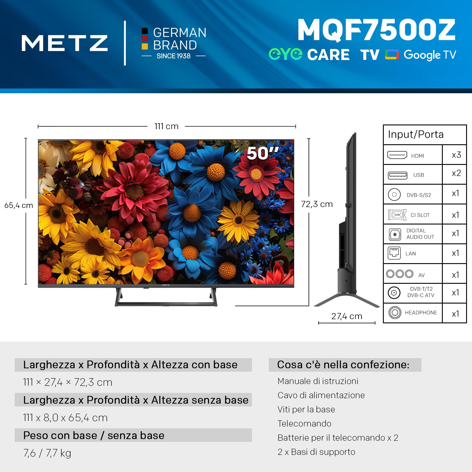 Metz TV 50" 4K Smart Google TV 50MQF7500Z, QLED, HDR10+, Dolby Vision & Atmos, MEMC,VRR, Blue Light Reduction EyeCare, Bluetooth Remote Control, DVB-T2/C/S2 Tuner