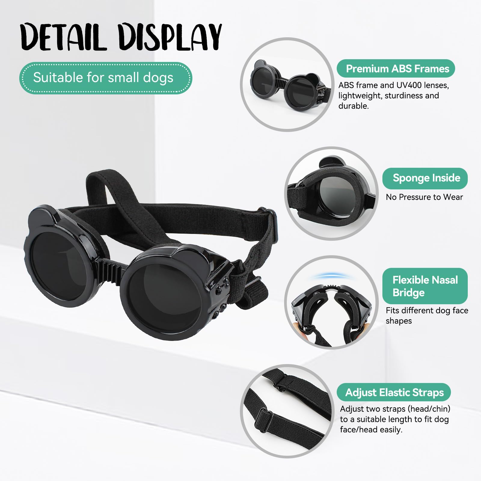 PETLESO Pet Goggles Adjustable Dog Sunglasses UV Protection Windproof for Small Dogs-Black - Image 2