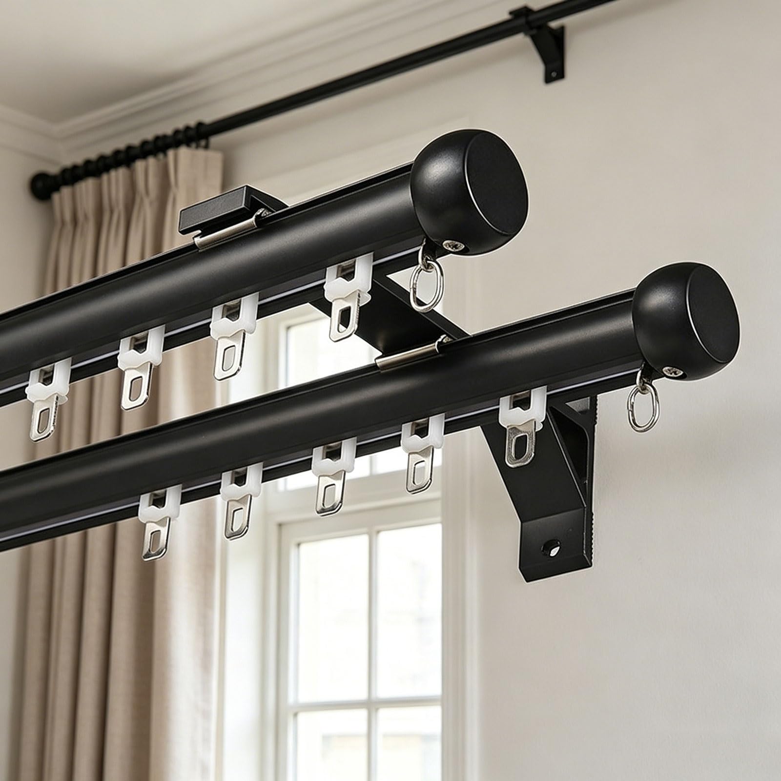 Double Silent Curtain Track Wall Mount Room Divider Heavy Duty ouble Curtain Rod with Mute Rollers Easy Install for Bedroom Living Room Kitchen Office(Black,2.8m/9.2ft)