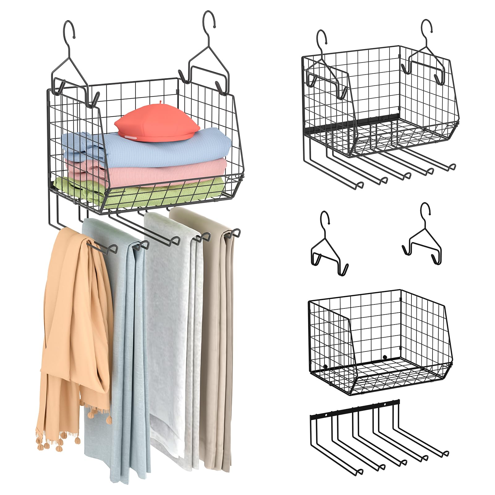 X-cosrack2-Packs Hanging Closet Organizers and Storage with Pants Hanger, Collapsible Hanging Closet Shelves, Adjustable Hanging Organizer for Closet & RV, Black Medium