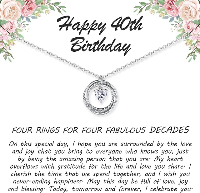 30th / 40th / 50th / 60th / 70th / 80th Birthday Gifts for Women, Sterling Silver 3 Ring Necklace with Heart Cubic Zirconia pendant Necklace for Her Friendship Gifts Birthday Jewellery