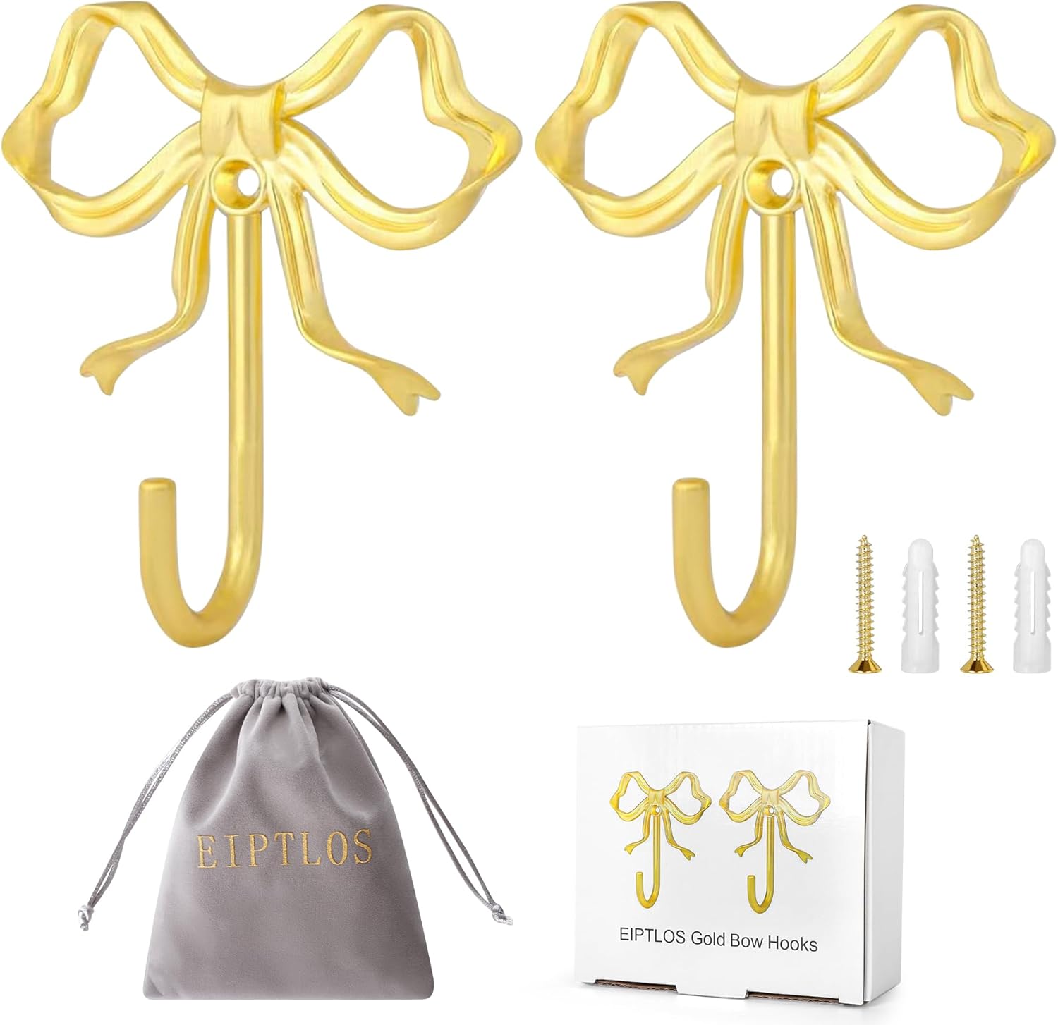 Large Golden Bow Wall Hook - 2PCS Heavy Duty All-Metal Coat & Bag Hooks with Screws & Wall Plugs, Extra Sturdy Bow Room Decor Hooks for Jackets, Purses, Towels