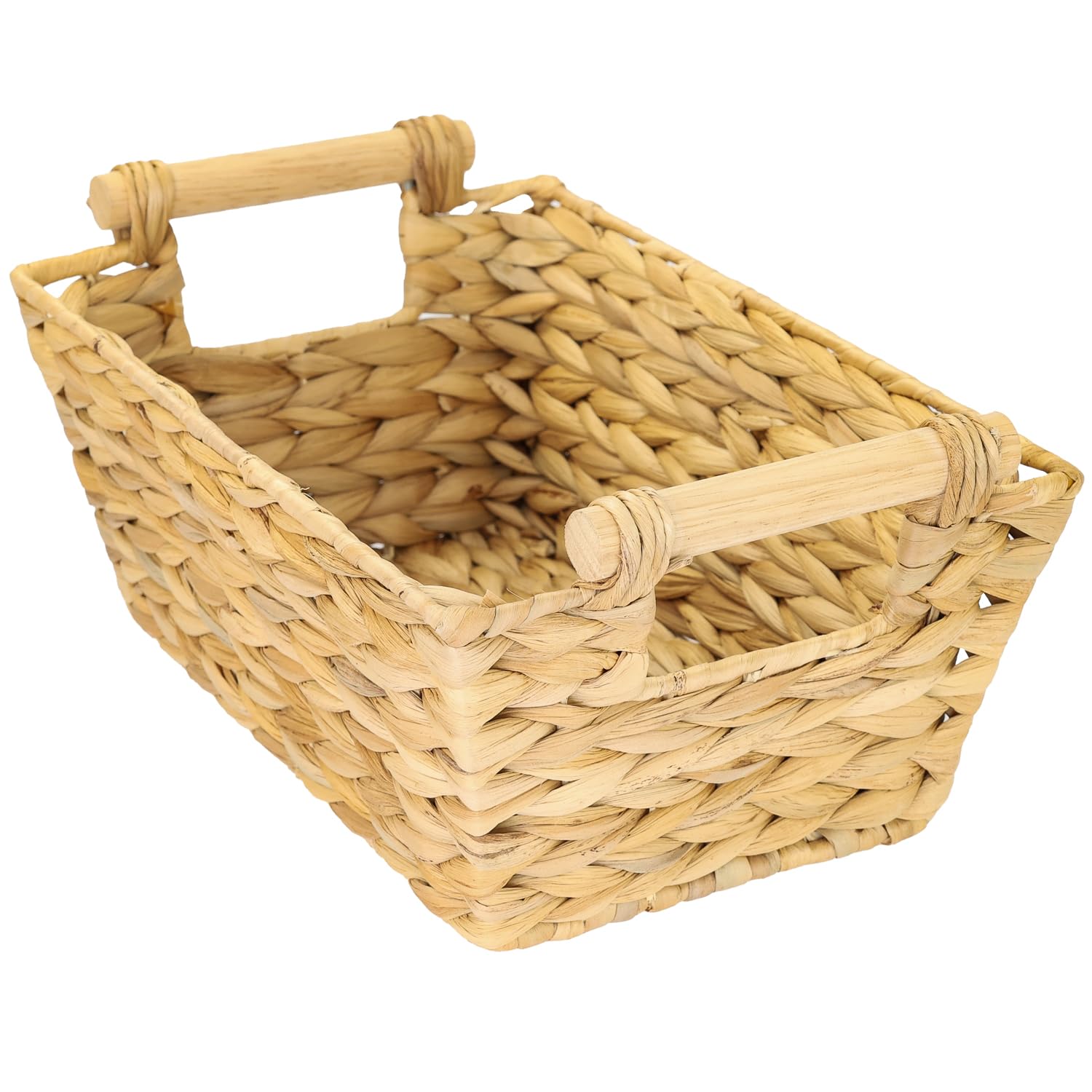 HMF Kosz do przechowywania z drewnianymi uchwytami, pleciony kosz z hiacyntu wodnego, długi i prostokątny, 30 x 20 x 12 cm