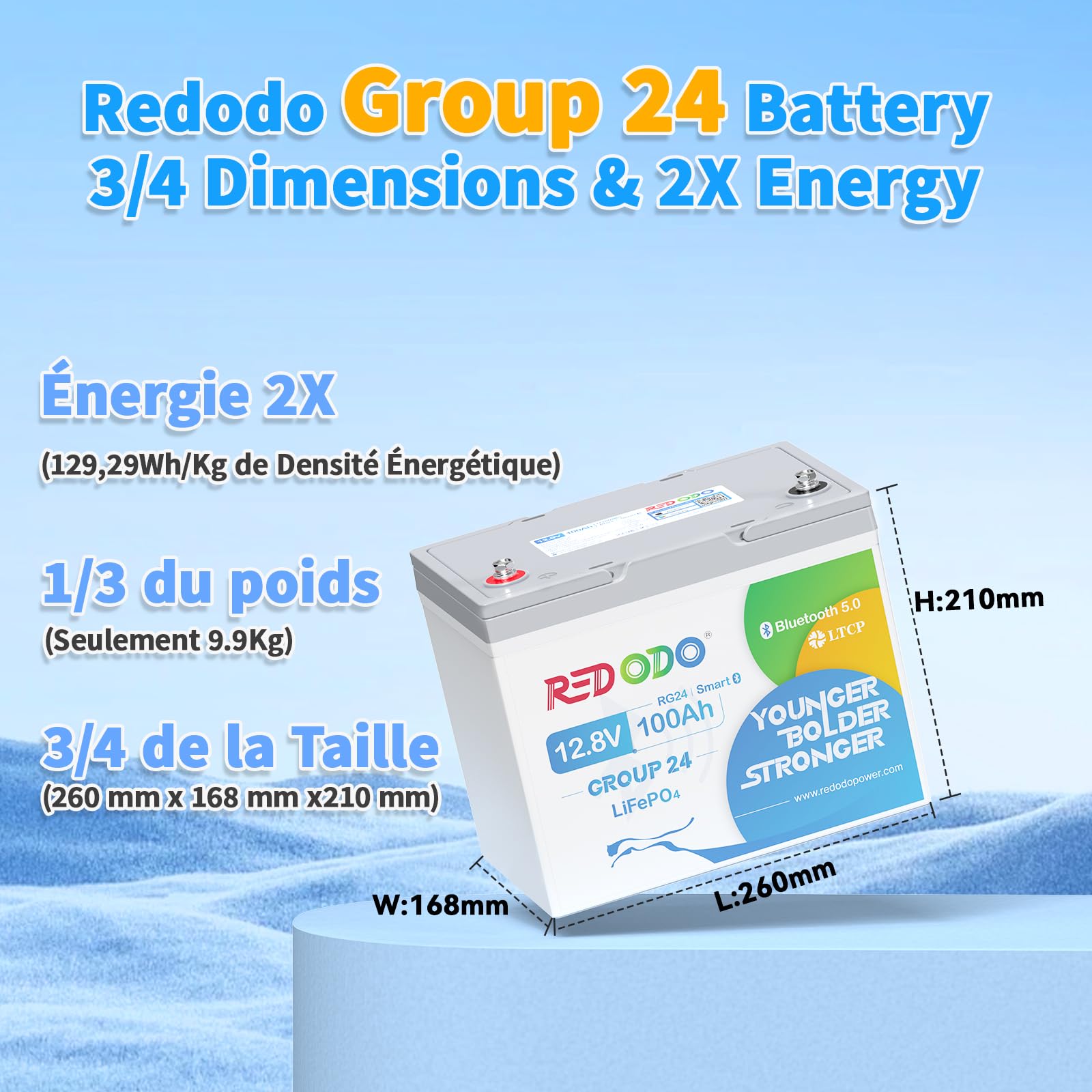 Redodo 12V 100Ah Group24(1 Pack) Batterie LiFePO4 avec Bluetooth 1280Wh Petite Batterie Lithium Température pour Bateau/Camping-Car/Camionnettes Remorques/Système Solaire