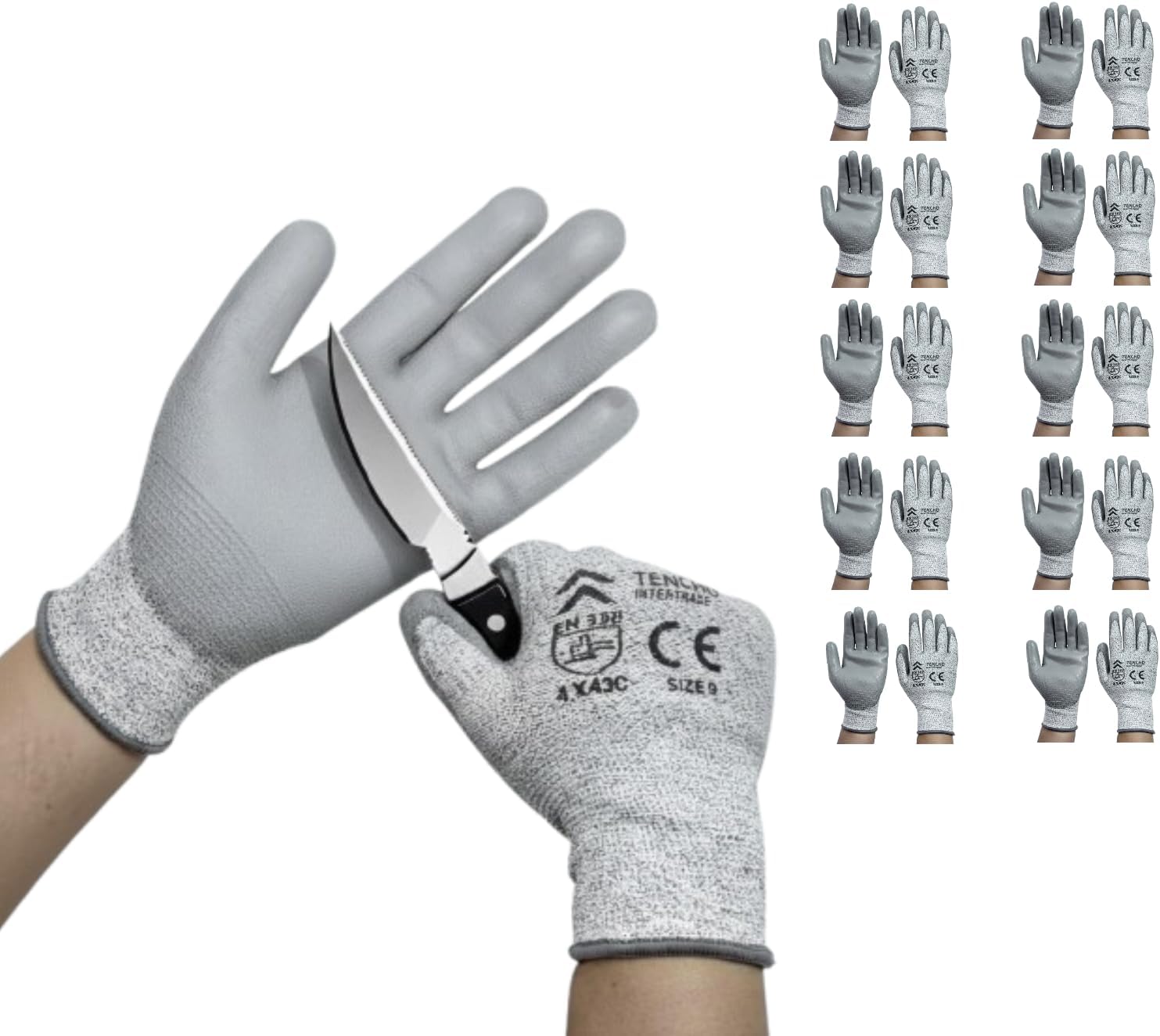 TENCHO 10 Pairs EN388 4X43C Level 5(Equivalent To ANSI A4) Cut Resistant Gloves S-XXL Work Gloves Cut Proof Gloves PU Coating