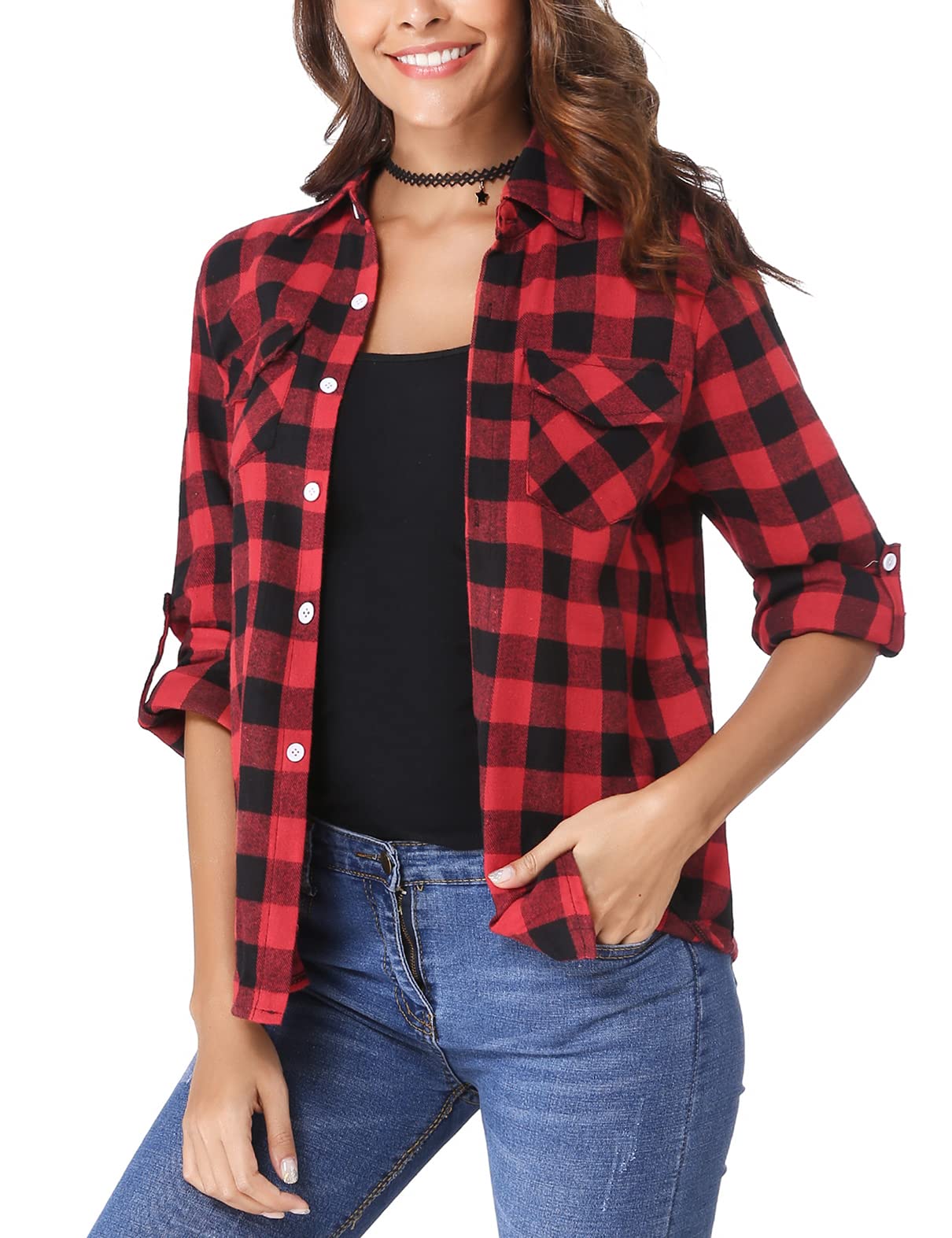 Totatuit Damen Kariertes Hemdbluse Knopfleiste Langarm Oktoberfest Bluse Karo Baumwolle Casual V-Ausschnitt Oberteile Flanellhemd Tops