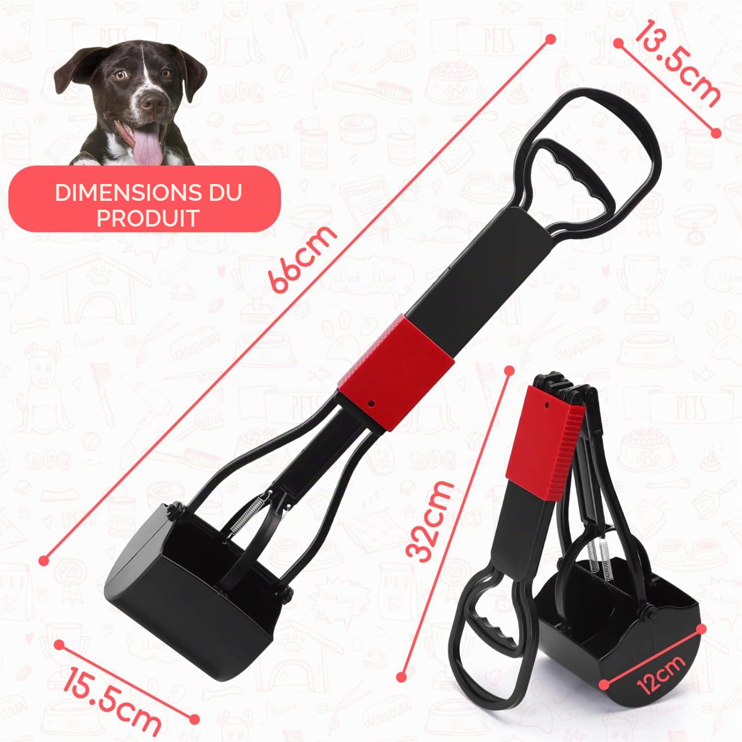 Nobleza Pelle Ramasse Crottes 66 cm à Grande Tête, Poop Scoop d'une Seule Main Pelles/Sacs/Crottes pour Chien