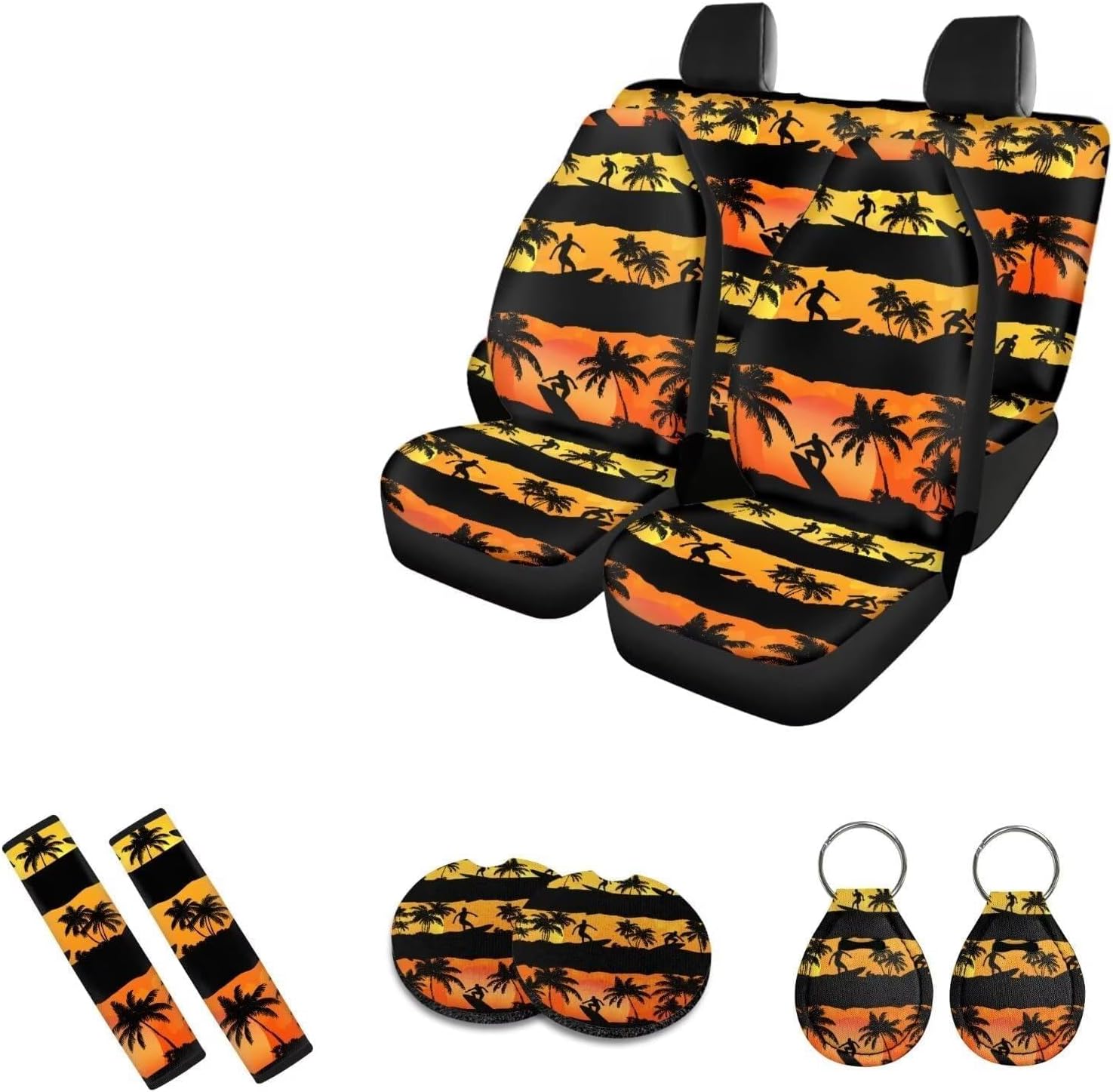 Wolf Printed 15 Pcs Car Seat Cover Set, American Flag Printed Auto Accessories Set Front Rear Seat Covers with Car Armrest Pads Steering Wheel Protector