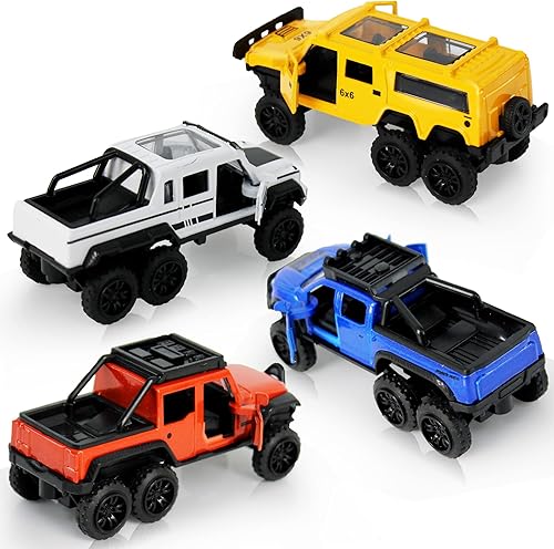 Miniatura 4 de KIDAMI Paquete de 4 camiones de juguete fundidos a presión, autos de juguete para tirar hacia atrás, puertas abiertas, juguetes de automóvil