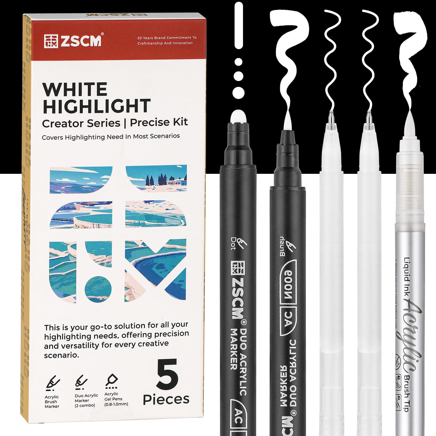 ZSCM 5 Pack White Acrylic Ink Pens for Drawing, Fine Point White Gel Pens, Opaque Acrylic Markers for Black Paper Drawing, Sketching, Illustration,