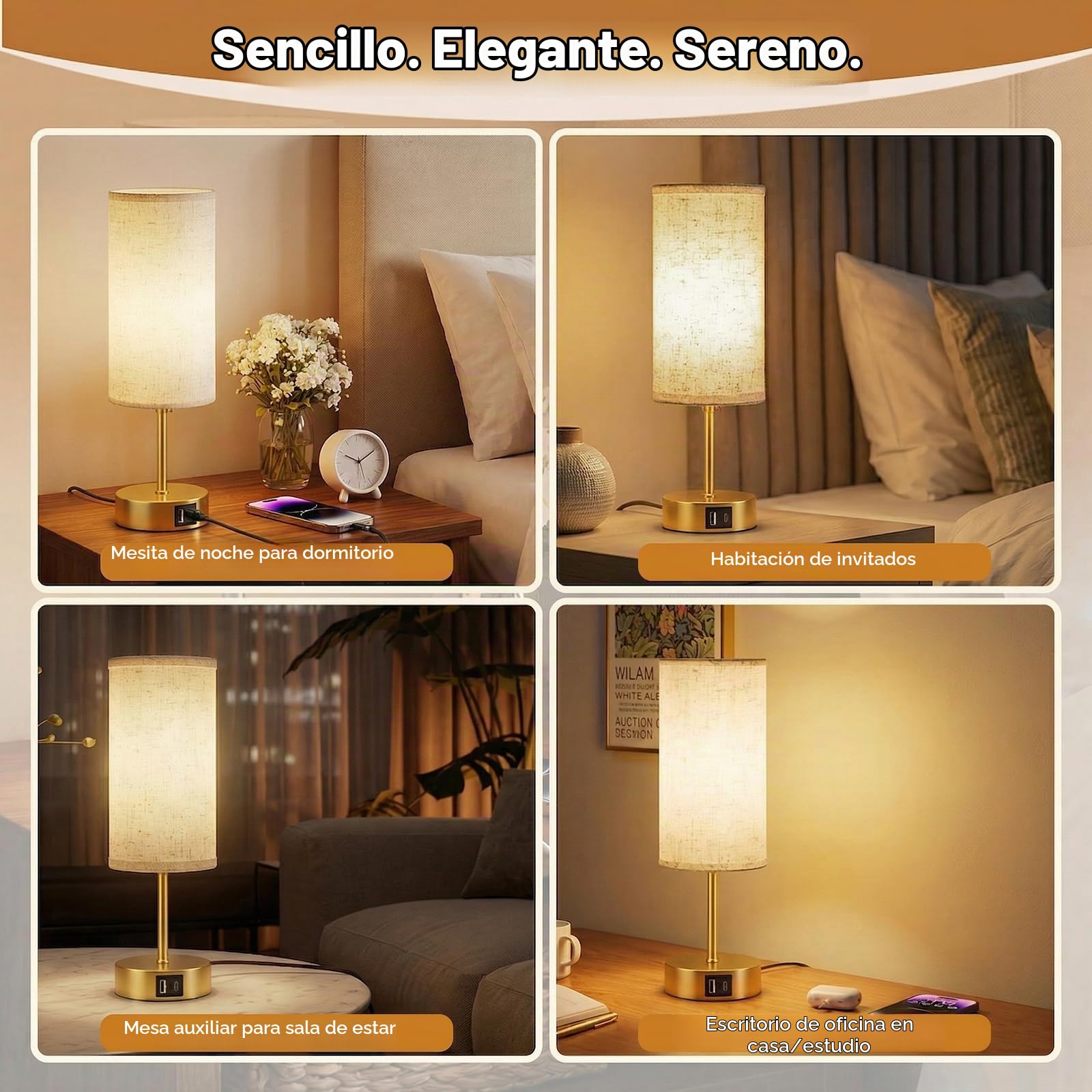 2 Unidades Lámparas de Mesita de Noche Control Táctil, con Carga | Lámpara de Mesa con Puertos USB-A y USB-C, Regulable en 3 Niveles, Pantalla de Lino, Cable de 1,5 m, E27 Incluida, Dorado