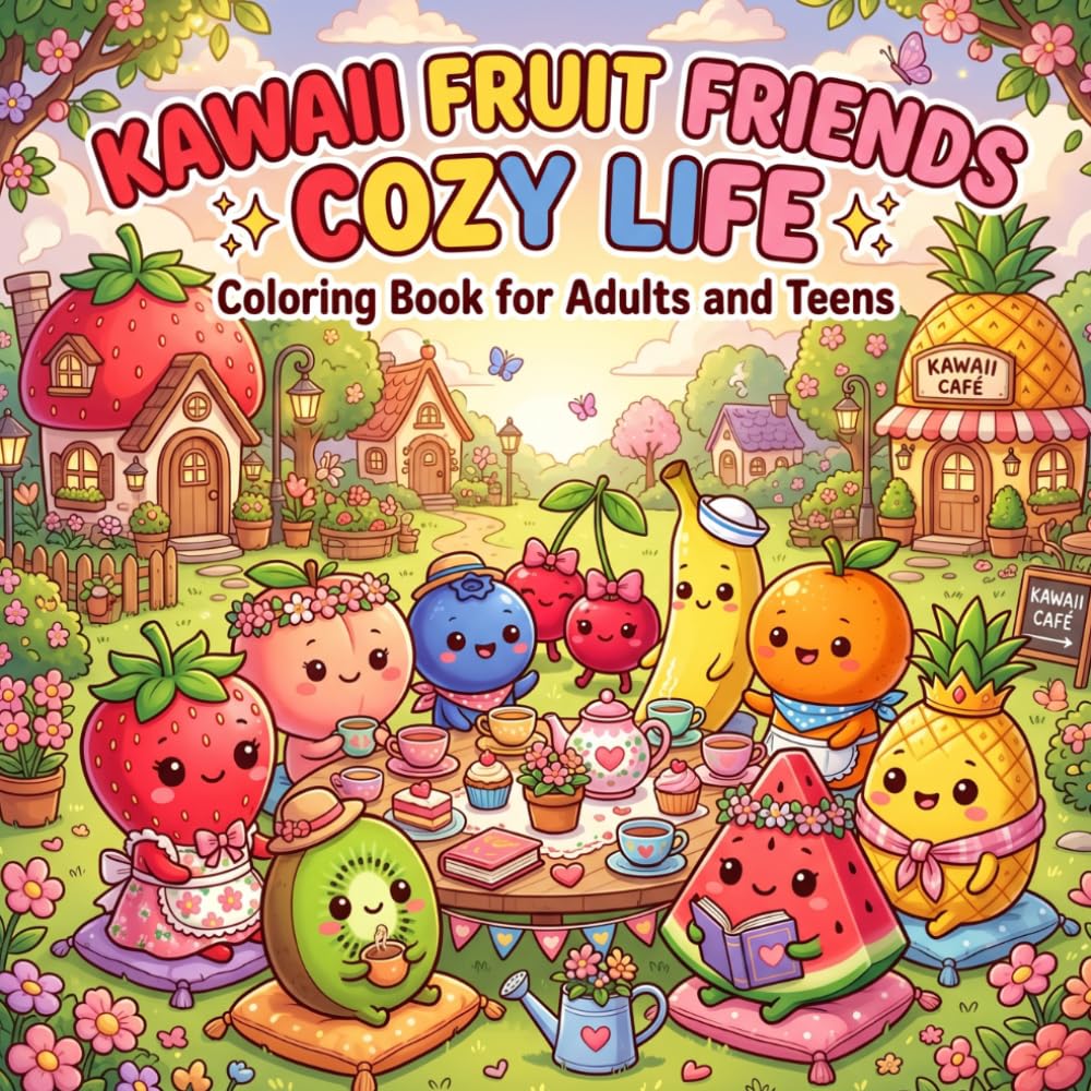 Kawaii Fruit Friends Cozy Life Coloring Book for Adults and Teens