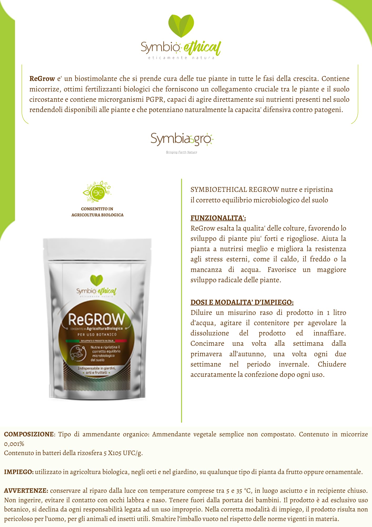 SYMBIOETHICAL - REGROW Biostimulante Enraizante para Plantas y Huertos, con Micorrizas y Microrganismos PGPR, para Agricultura Ecológica, Made in Italy, 500 gr