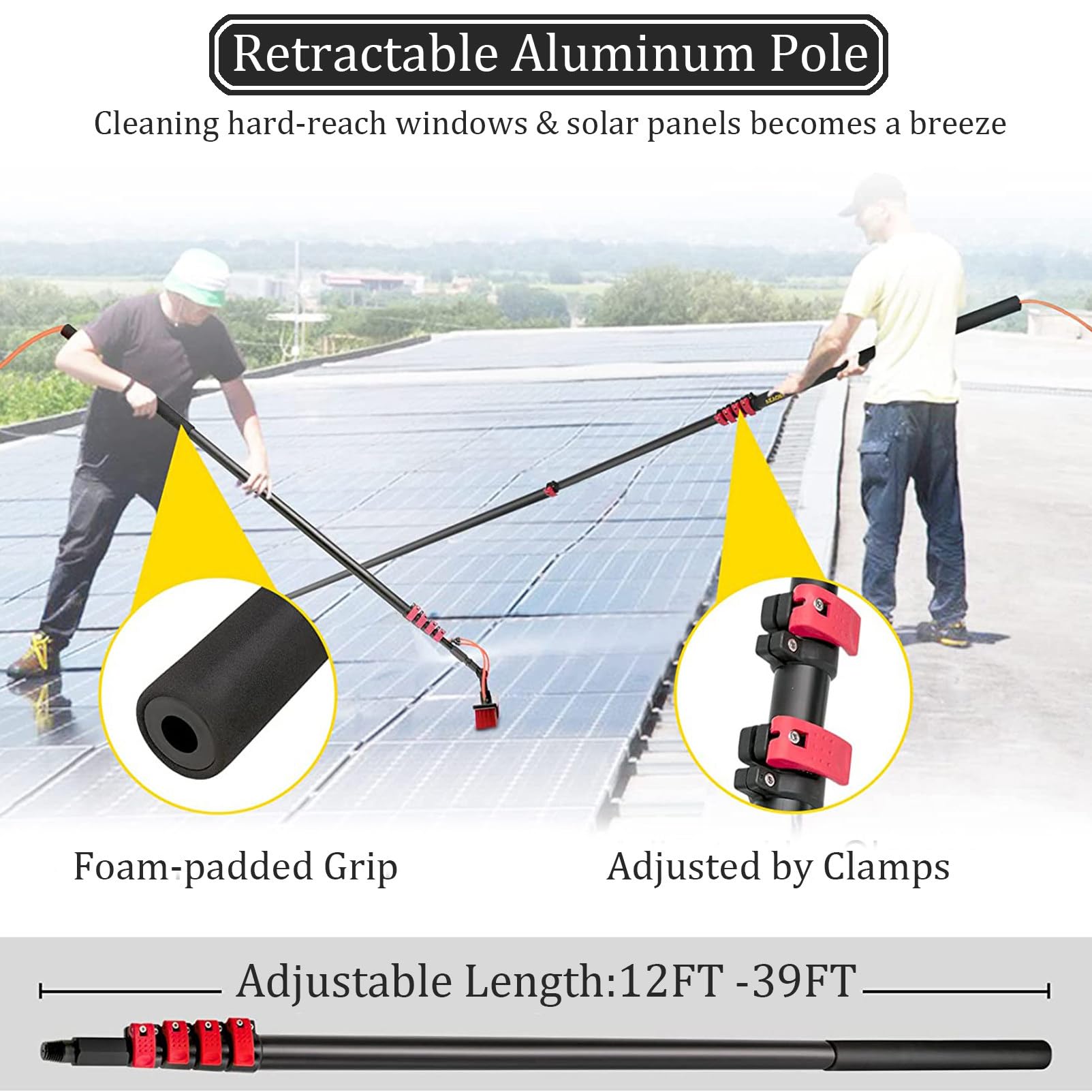 Kit de Limpieza de Ventanas con Cepillo telescópico y pértiga con Suministro de Agua para la Limpieza de Cristales Interiores y Exteriores y Paneles solares.