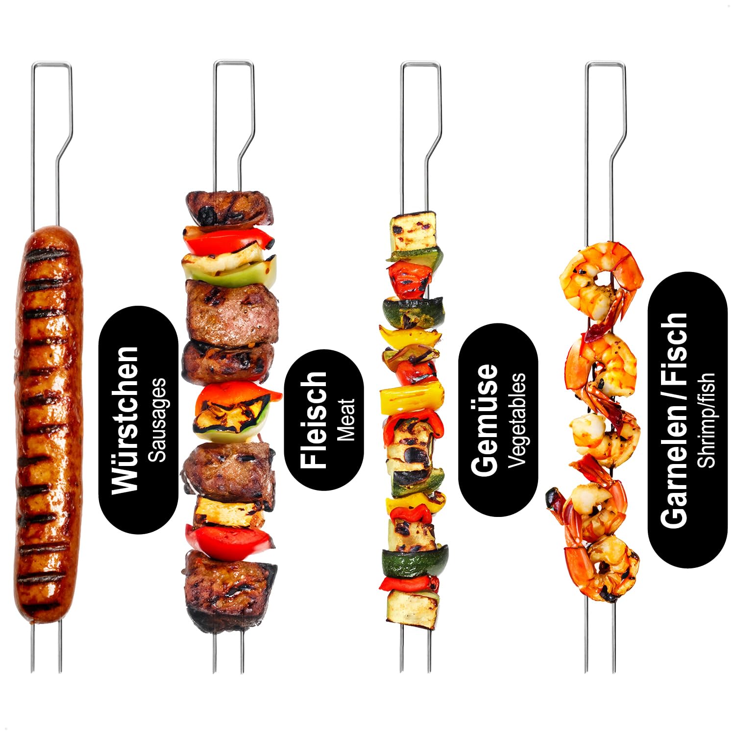8X Spiedini BBQ 4 mm – Spiedini Doppi Super Resistenti in Acciaio Inox 430, 30 cm – con Manico per Carne, Pesce & Verdure – Fissaggio Sicuro, Massimo Divertimento alla griglia