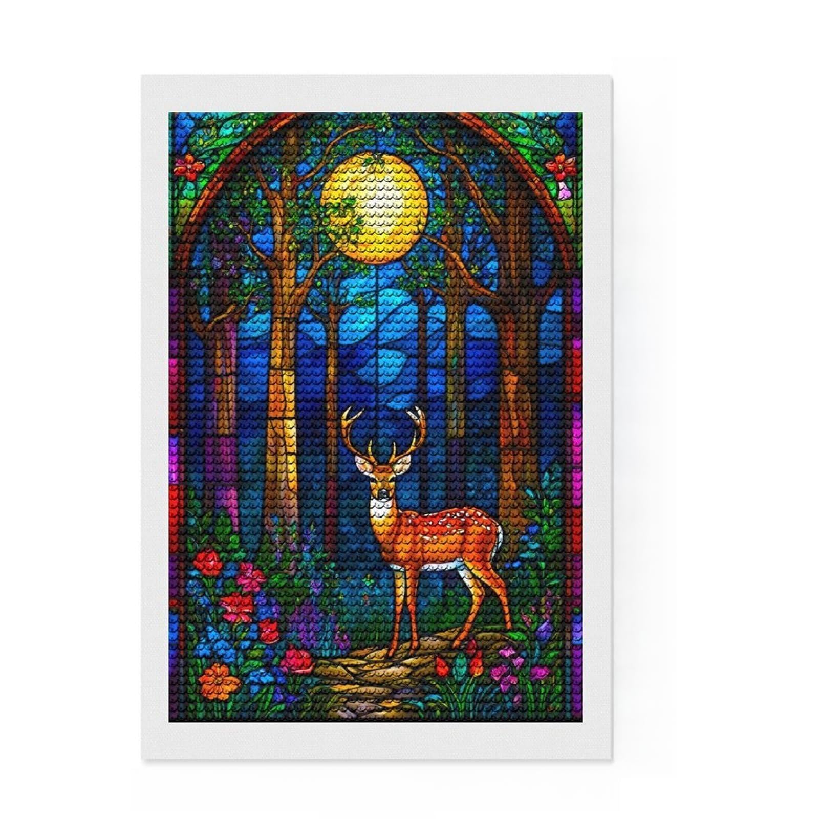 Junmoney Stained Glass Deer in Forest Full Drill Diamond Painting Kit 8"x12", Complete Accessories, Neat Printed Canvas, Creative Leisure Activity