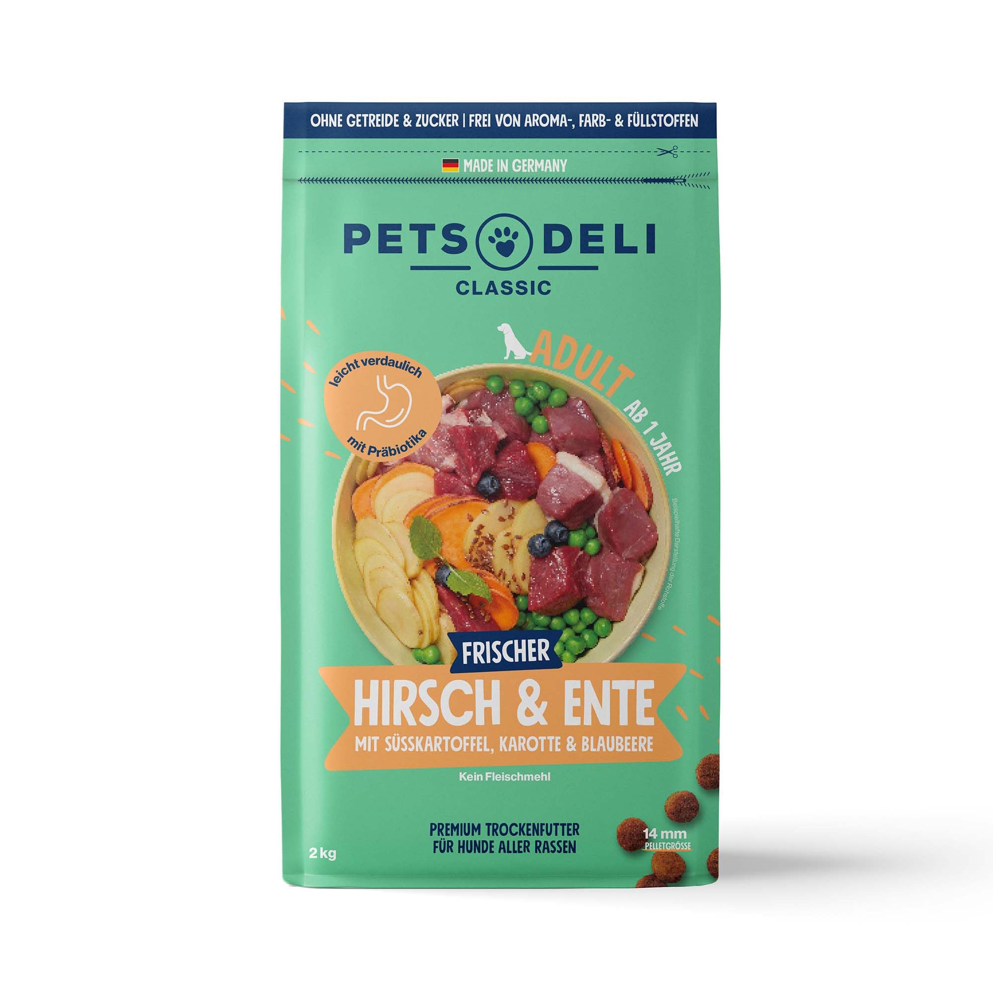 Pets Deli Classic Hunde Trockenfutter Hirsch, Ente & Süßkartoffel, leicht verdaulich, getreidefrei, ohne Zucker, 2 kg, Premium Qualität