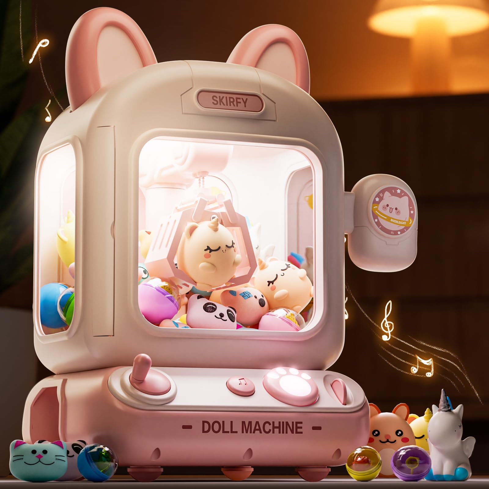 Skirfy Claw Machine for Kids,Mini Vending Machine, Prize Dispenser Toys for Girls and Boys, Electronic Arcade Game for Party Birthdays Includes 32 Mini Toys(Pink)