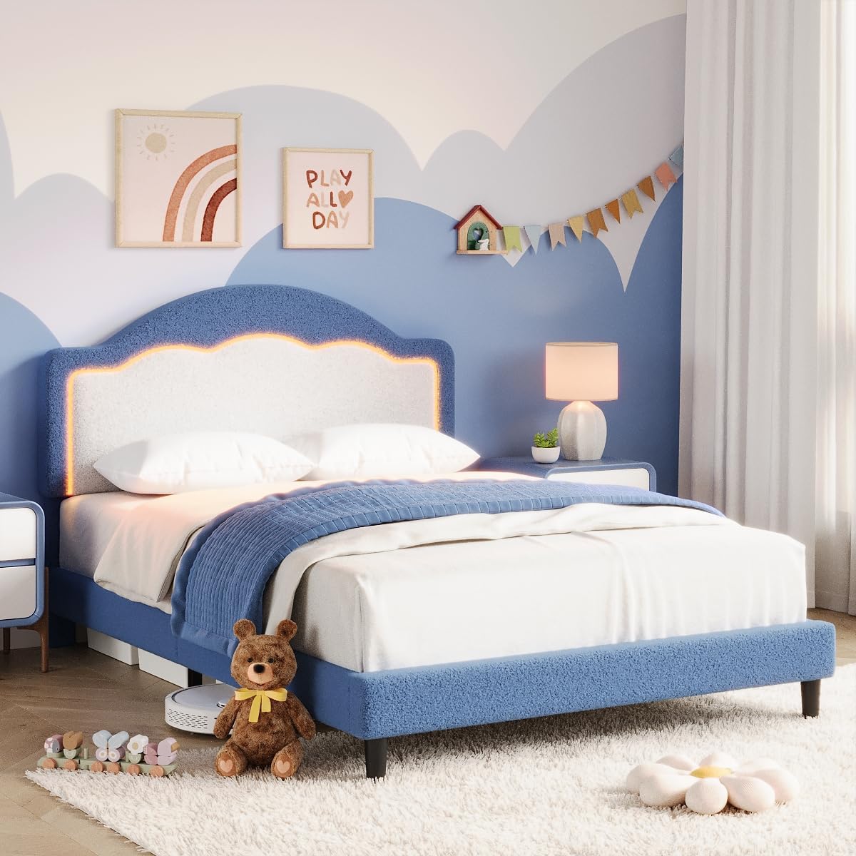 GarveeHome Twin Size Bed Frame with LED Headboard for Kids, Sherpa Upholstered Platform Bed Frame with Wood Slat Support, No Box Spring Required, Easy to Assemble (Pink, Twin)